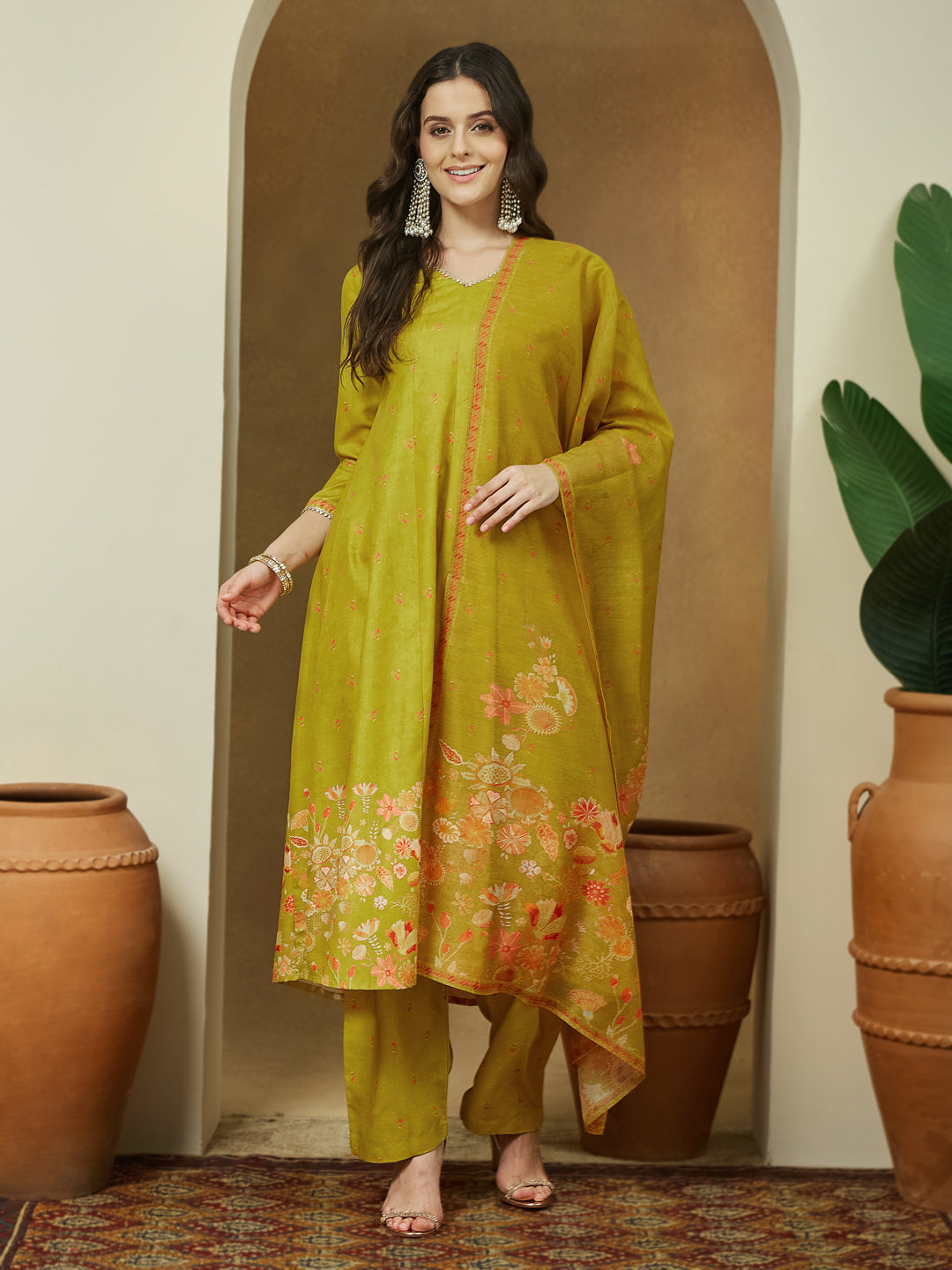 Janasya Women's Mustard Cotton Blend Floral Printed Anarkali Kurta Set