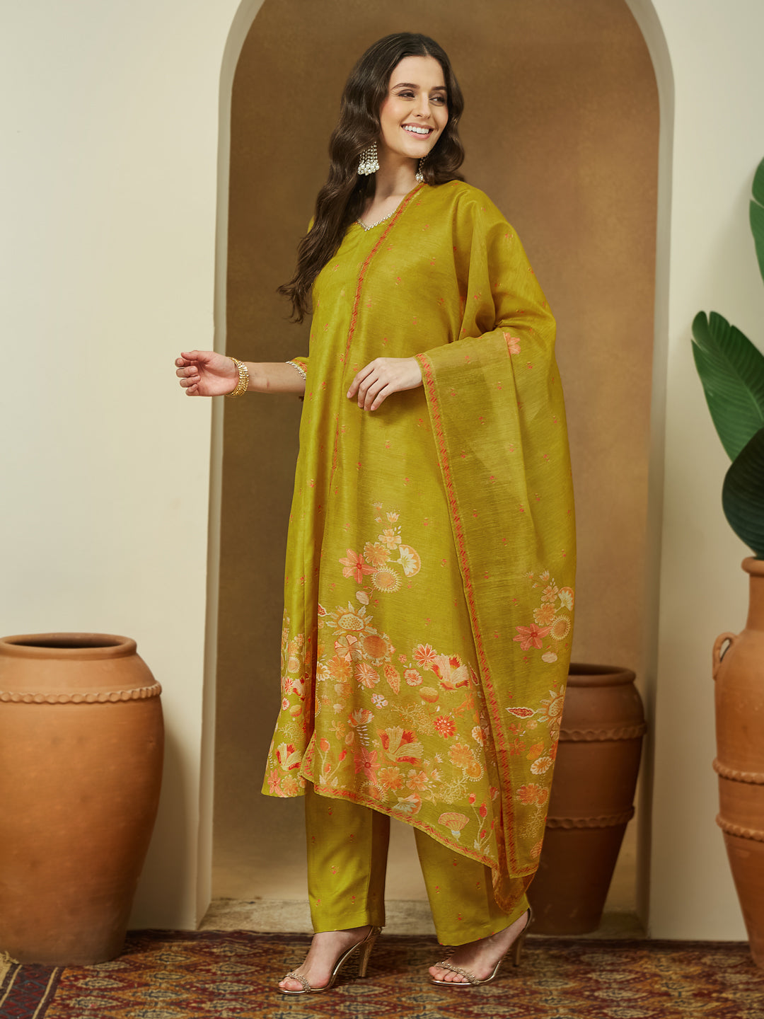 Janasya Women's Mustard Cotton Blend Floral Printed Anarkali Kurta Set