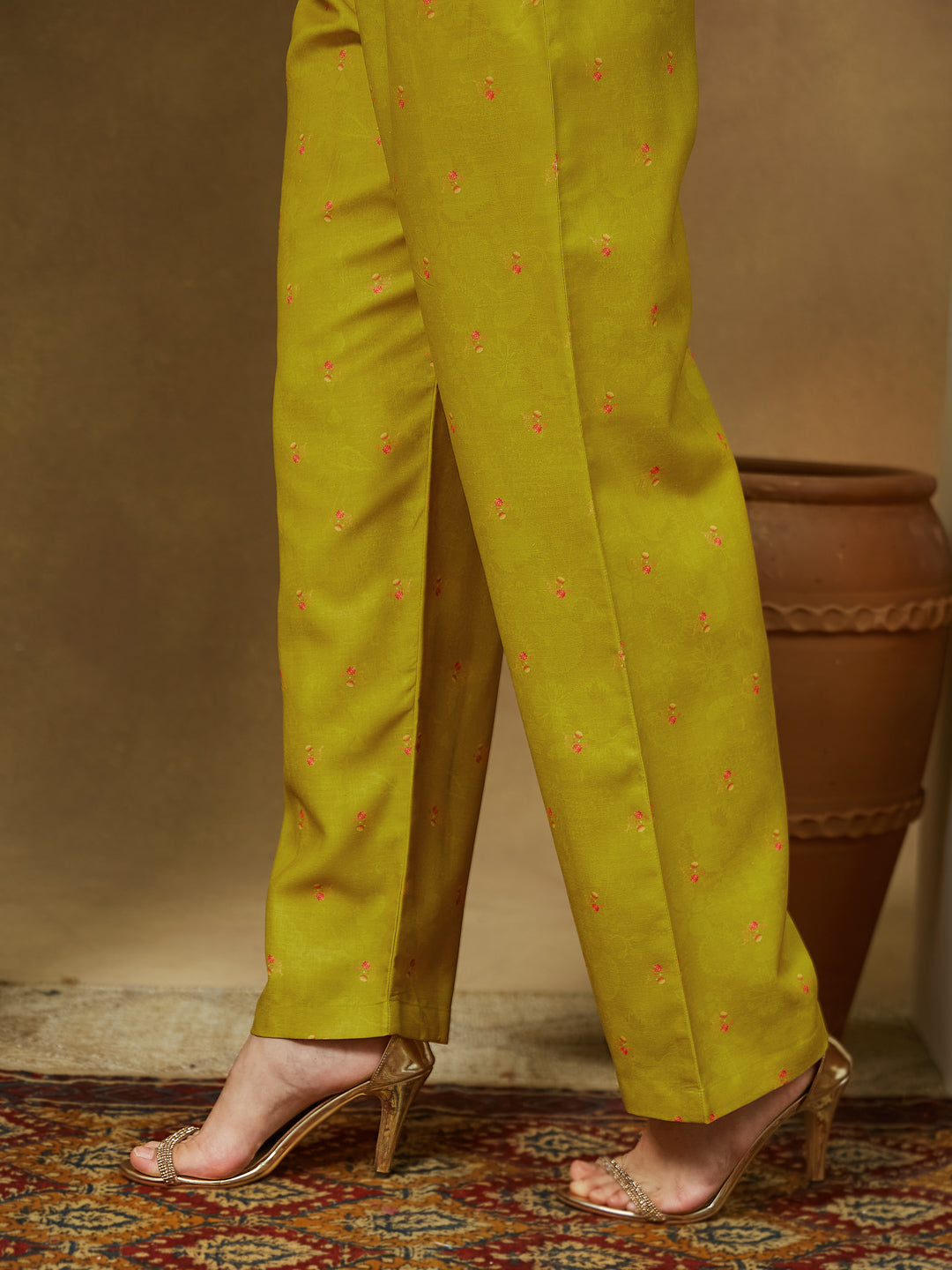 Janasya Women's Mustard Cotton Blend Floral Printed Anarkali Kurta Set