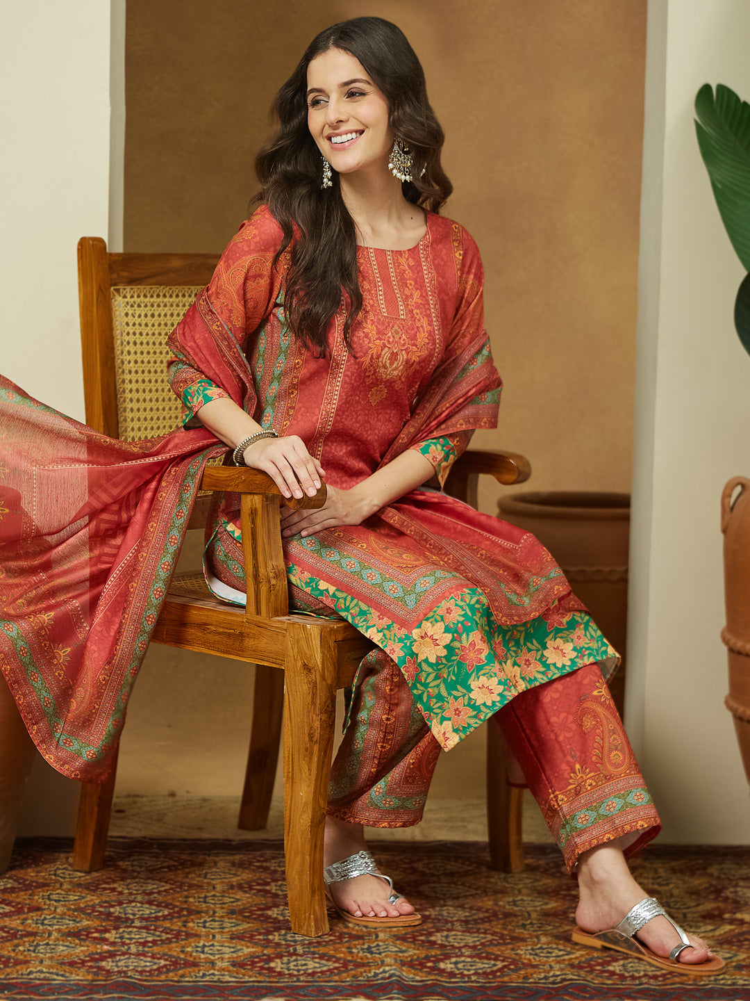 Janasya Women's Rust Cotton Blend Ethnic Motifs Printed Straight Kurta Set