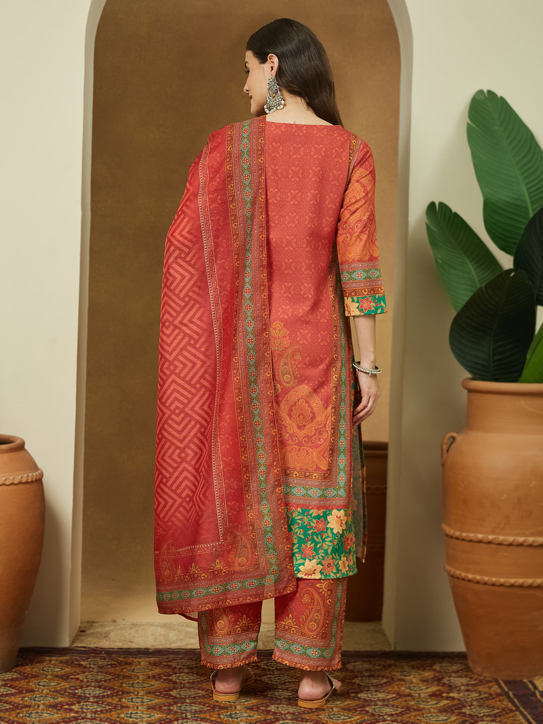Janasya Women's Rust Cotton Blend Ethnic Motifs Printed Straight Kurta Set