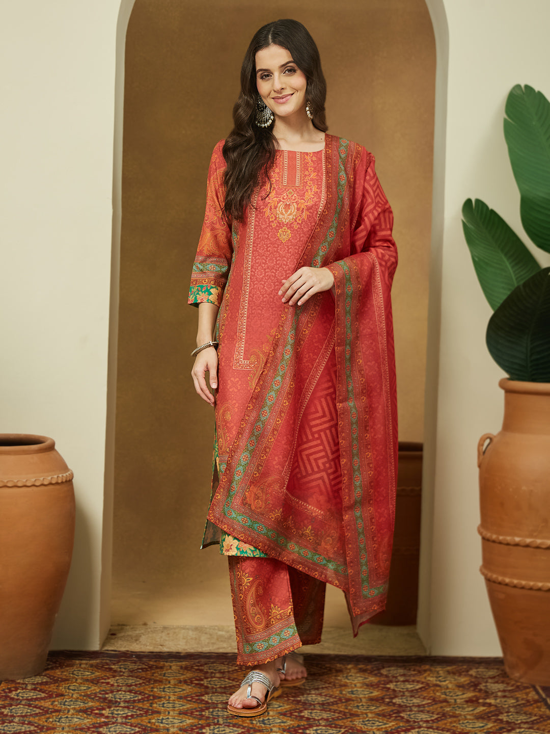 Janasya Women's Rust Cotton Blend Ethnic Motifs Printed Straight Kurta Set