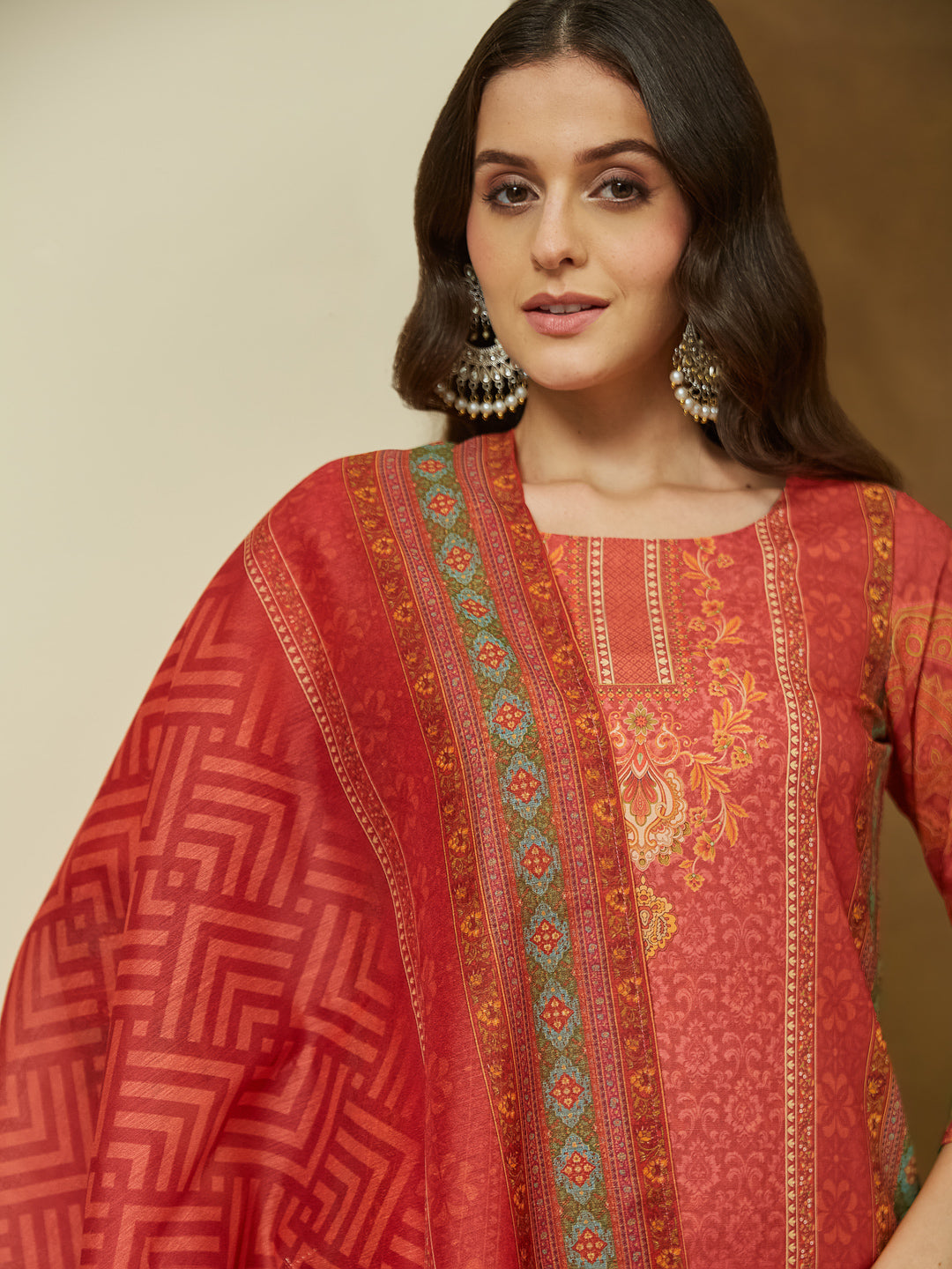 Janasya Women's Rust Cotton Blend Ethnic Motifs Printed Straight Kurta Set