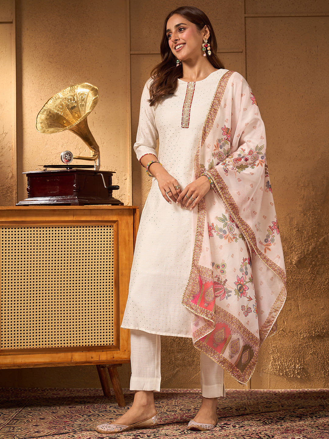 Janasya Women's Off White Silk Blend Embellished Foil Printed Straight Kurta Set with Printed Dupatta