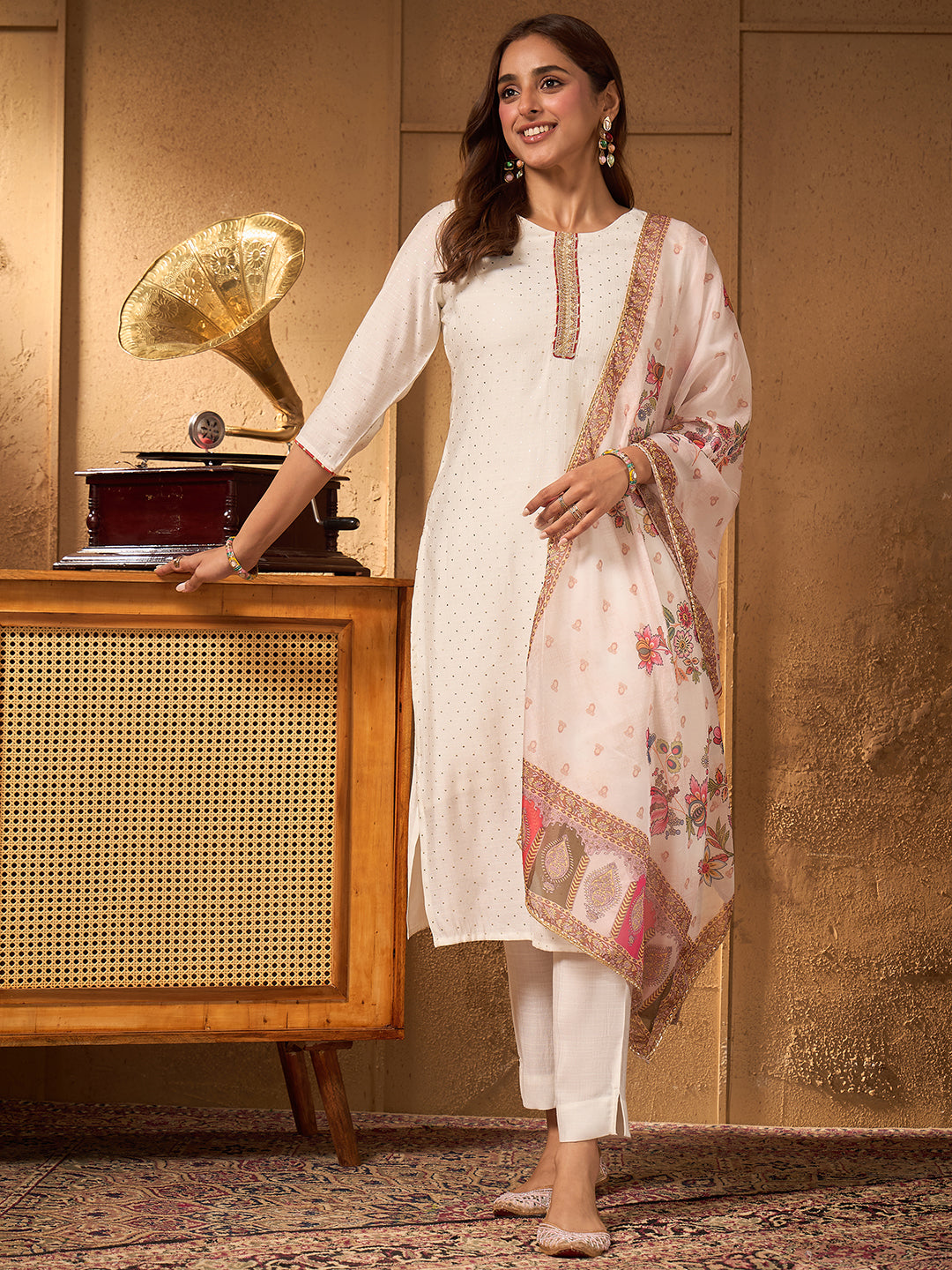 Janasya Women's Off White Silk Blend Embellished Foil Printed Straight Kurta Set with Printed Dupatta