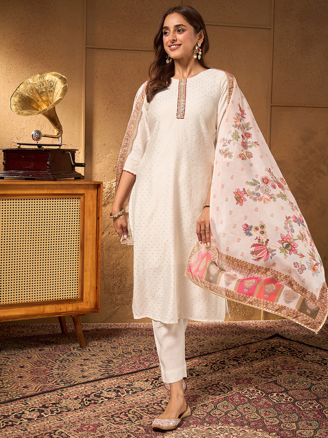 Janasya Women's Off White Silk Blend Embellished Foil Printed Straight Kurta Set with Printed Dupatta