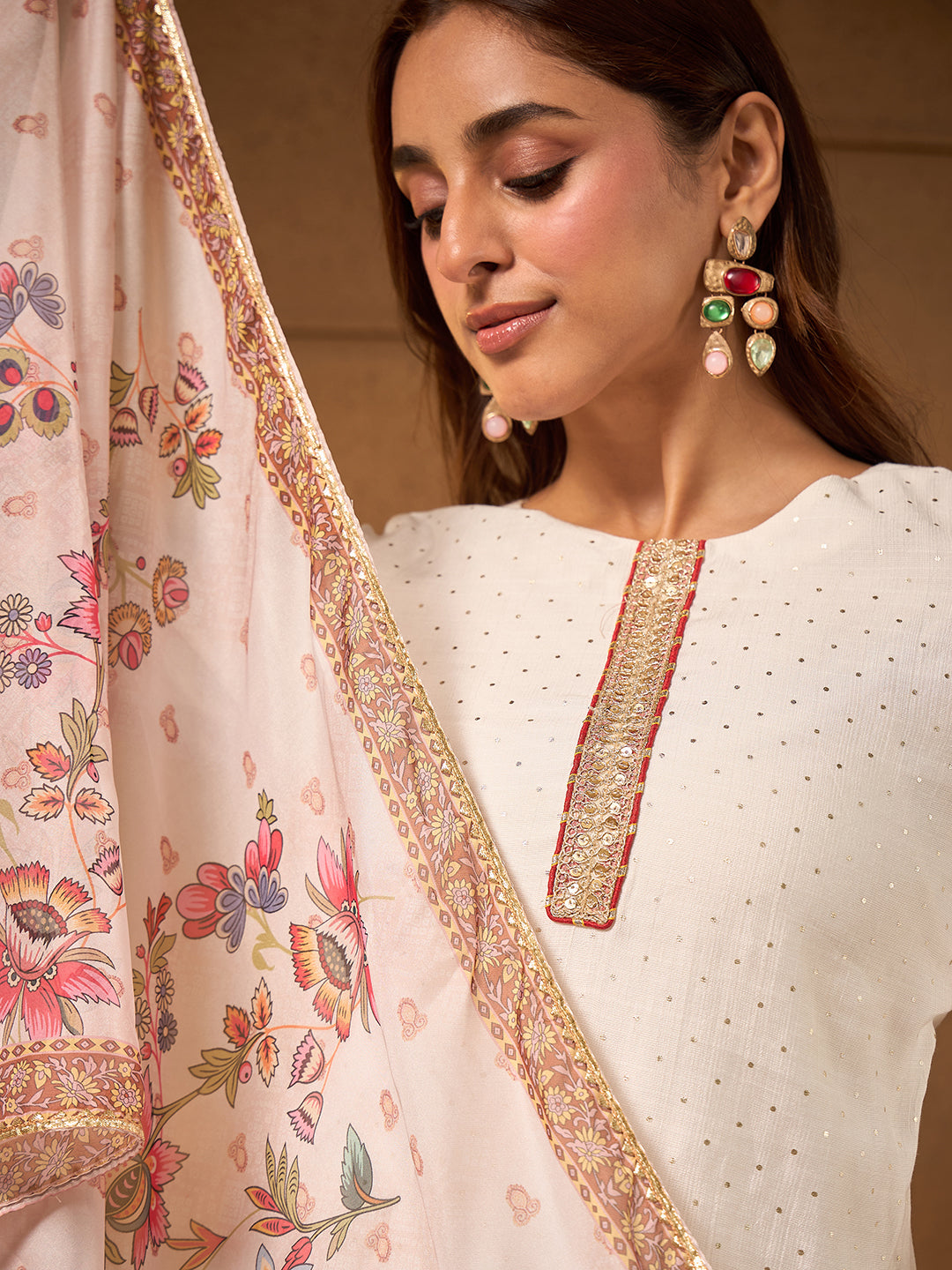 Janasya Women's Off White Silk Blend Embellished Foil Printed Straight Kurta Set with Printed Dupatta