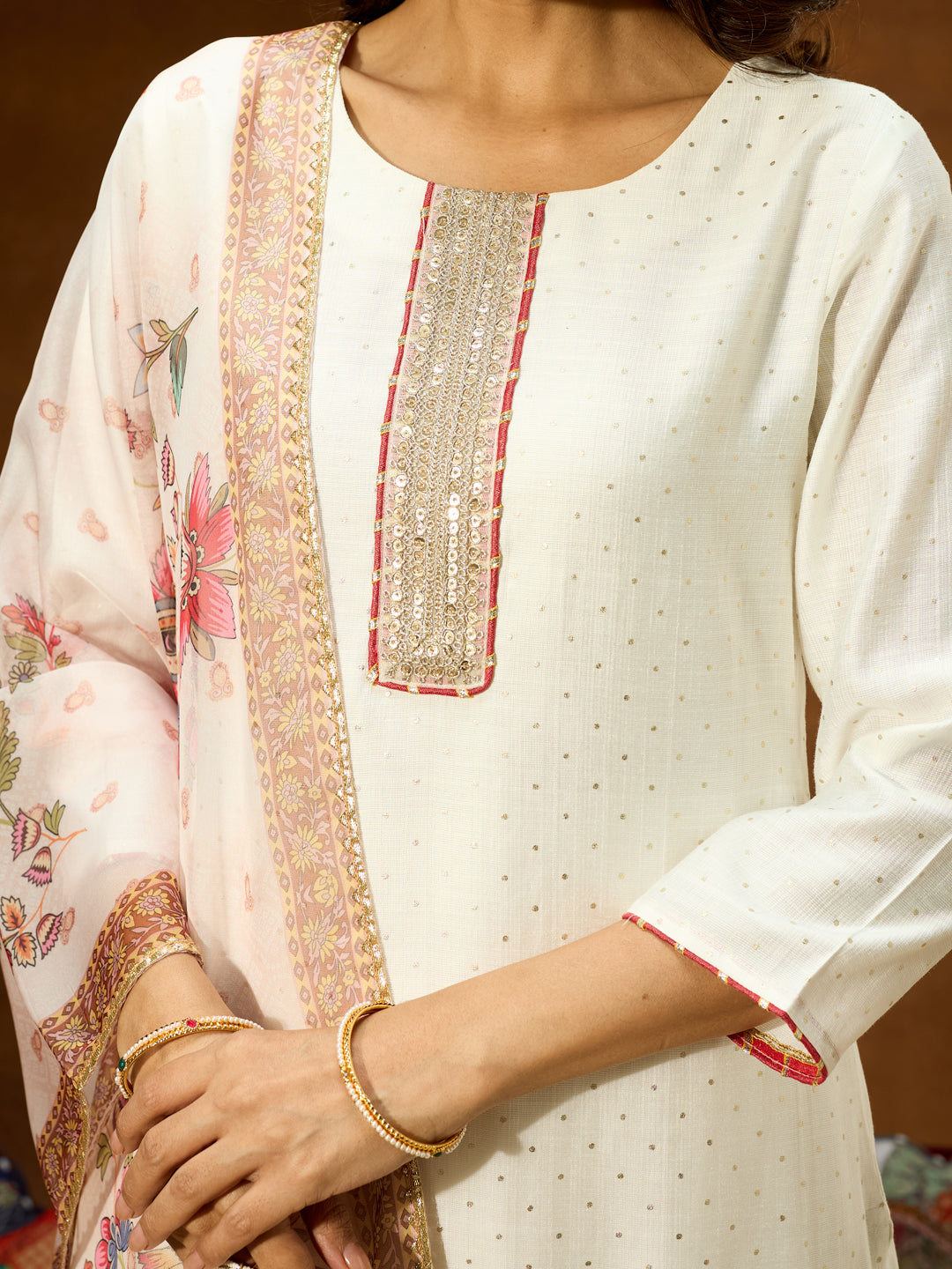 Janasya Women's Off White Silk Blend Embellished Straight Kurta Set