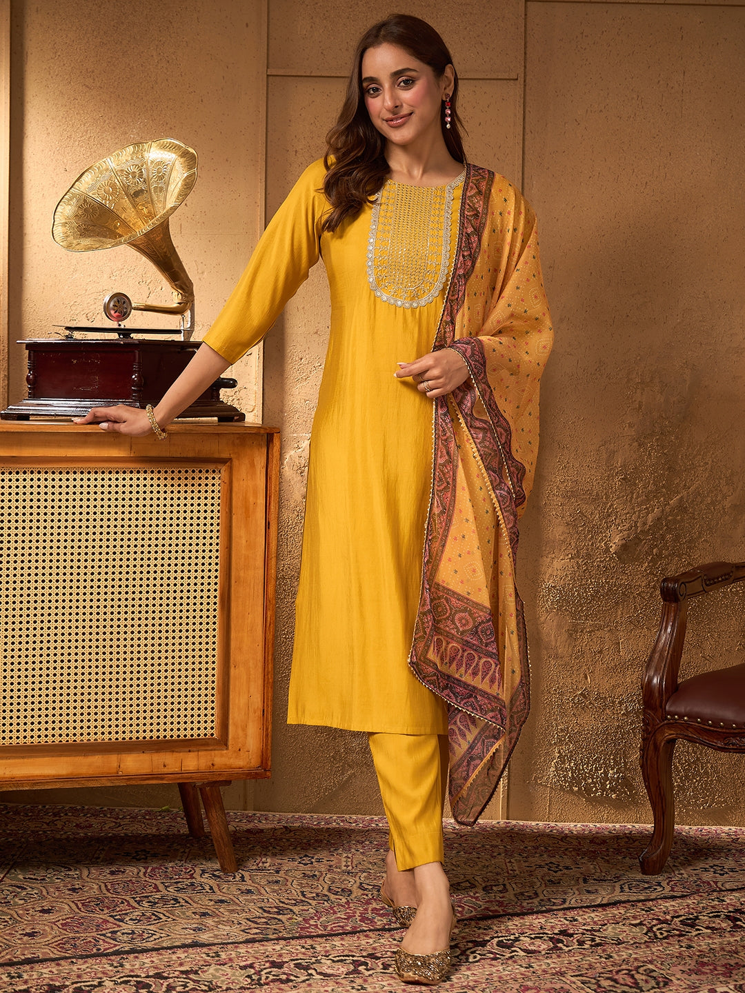 Janasya Women's Yellow Chanderi Silk Floral Yoke Embroidered Straight Kurta Set with Bandhani Printed Dupatta