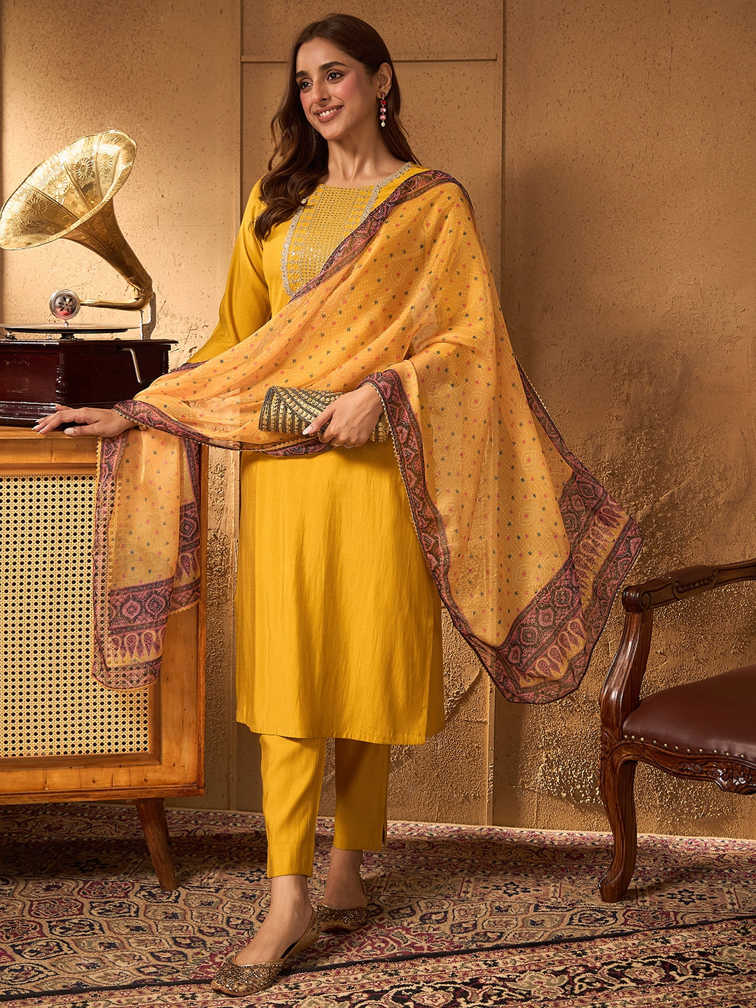 Janasya Women's Yellow Chanderi Silk Floral Yoke Embroidered Straight Kurta Set with Bandhani Printed Dupatta