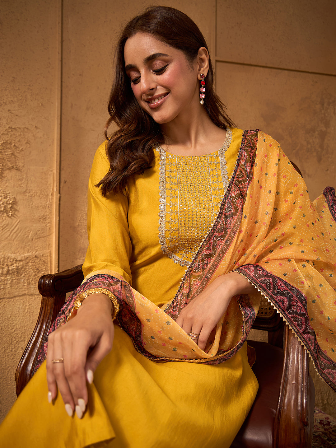 Janasya Women's Yellow Chanderi Silk Floral Yoke Embroidered Straight Kurta Set with Bandhani Printed Dupatta