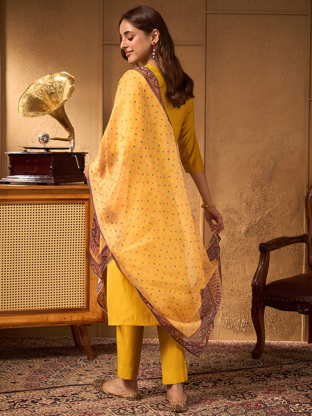 Janasya Women's Yellow Chanderi Silk Floral Yoke Embroidered Straight Kurta Set with Bandhani Printed Dupatta
