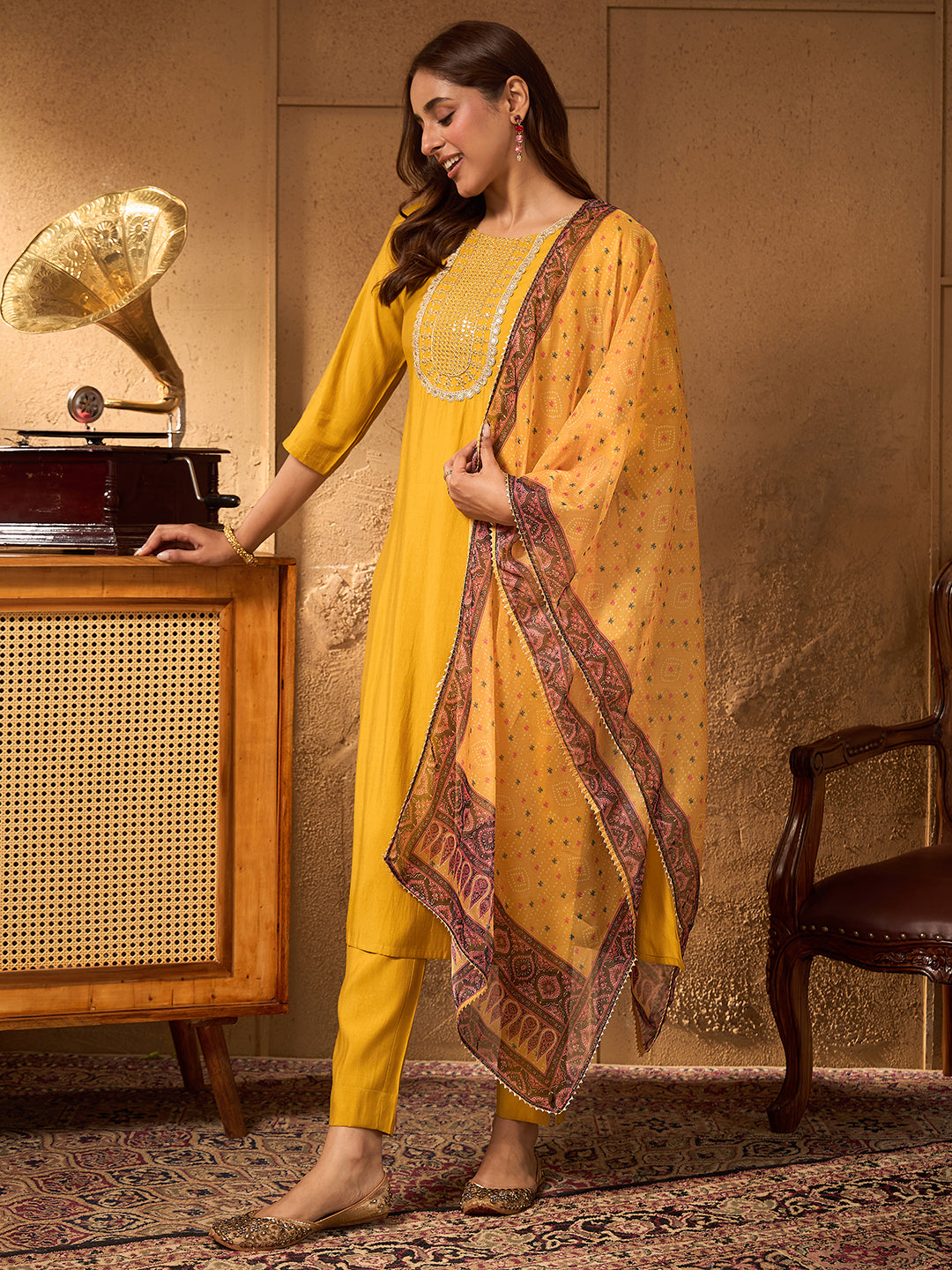 Janasya Women's Yellow Chanderi Silk Floral Yoke Embroidered Straight Kurta Set with Bandhani Printed Dupatta
