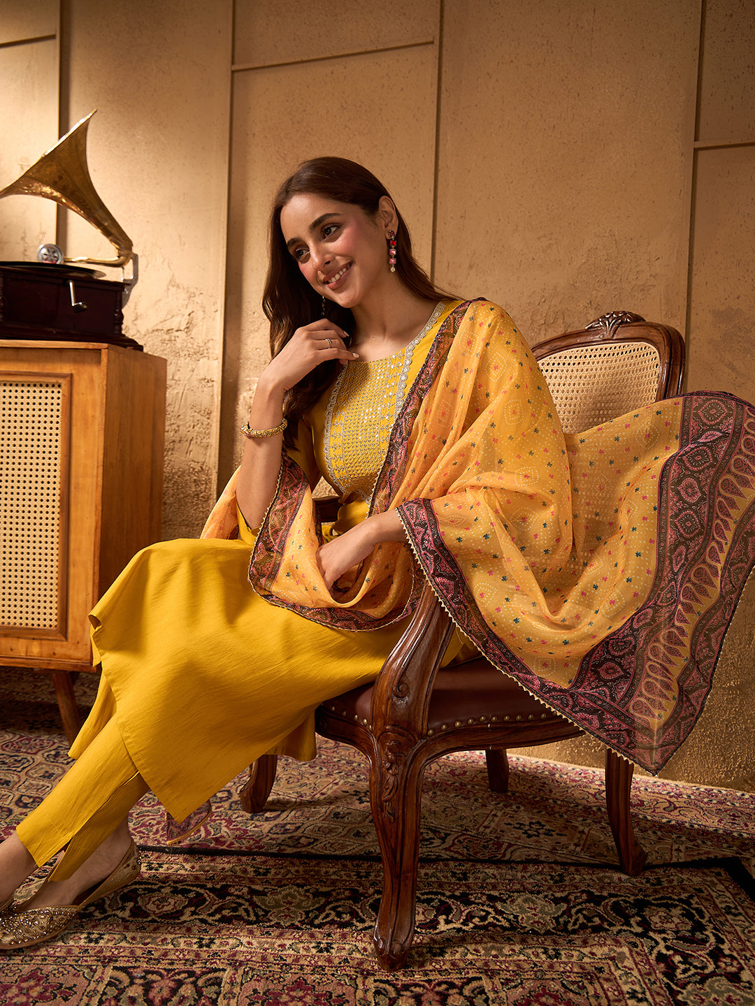 Janasya Women's Yellow Chanderi Silk Floral Yoke Embroidered Straight Kurta Set with Bandhani Printed Dupatta