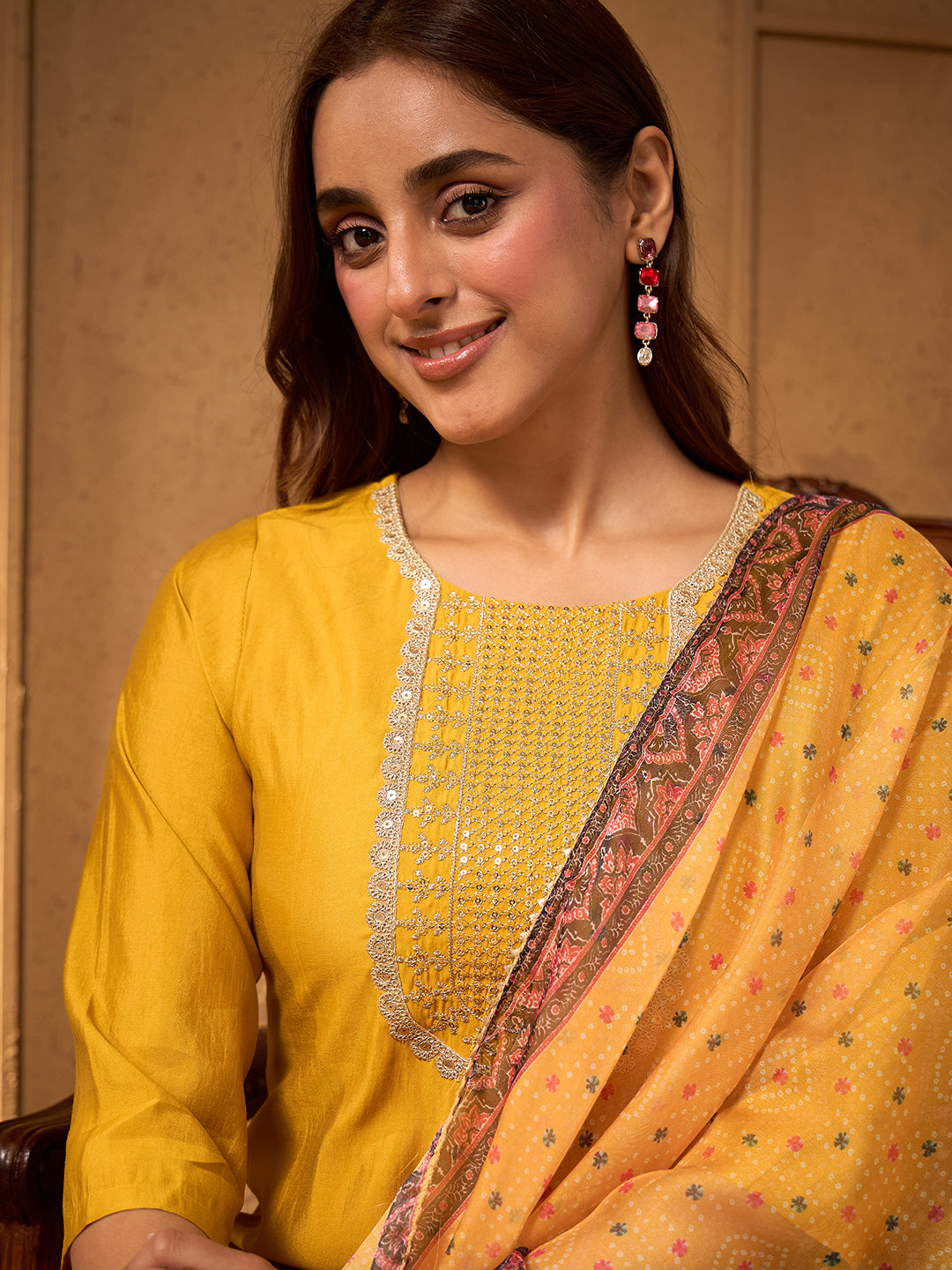 Janasya Women's Yellow Chanderi Silk Floral Yoke Embroidered Straight Kurta Set with Bandhani Printed Dupatta