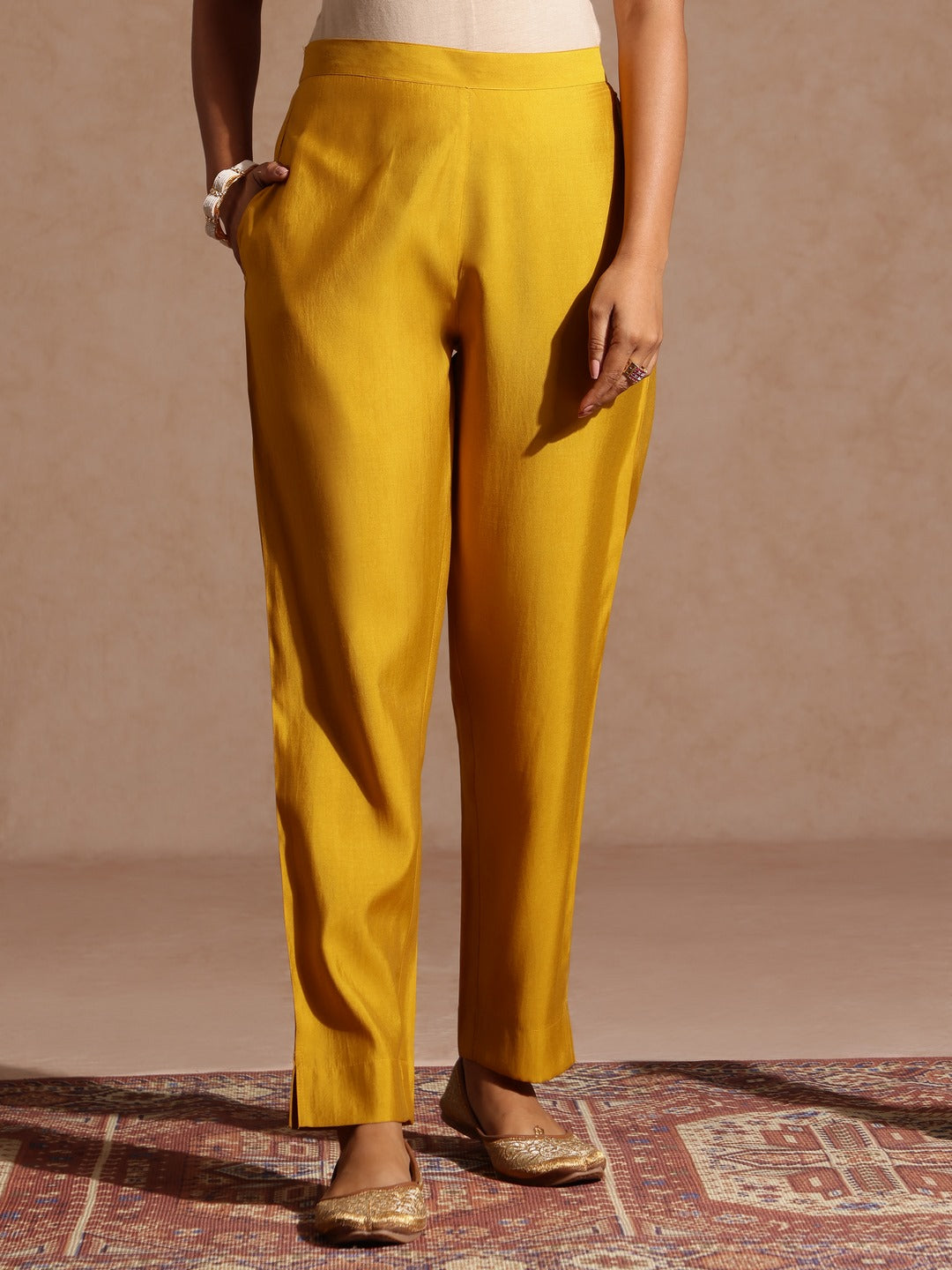 Janasya Women's Yellow Chanderi Silk Yoke Embroidered Straight Kurta Set