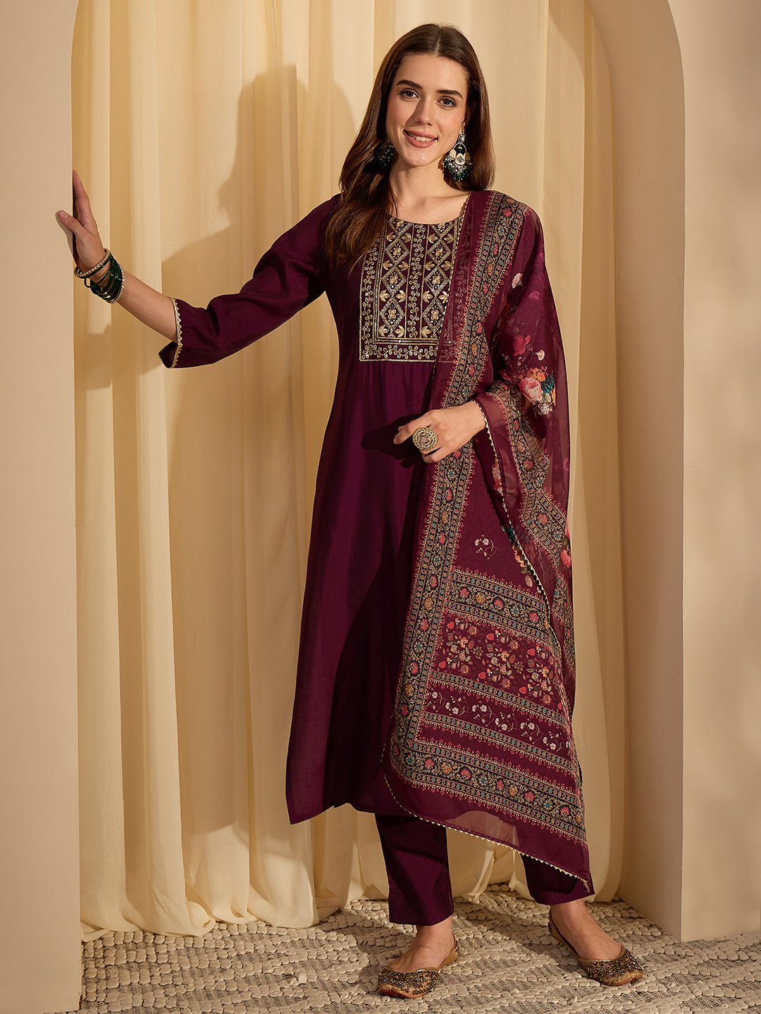 Janasya Women's Wine Chanderi Silk Floral Yoke Embroidered Straight Kurta Set with Printed Dupatta