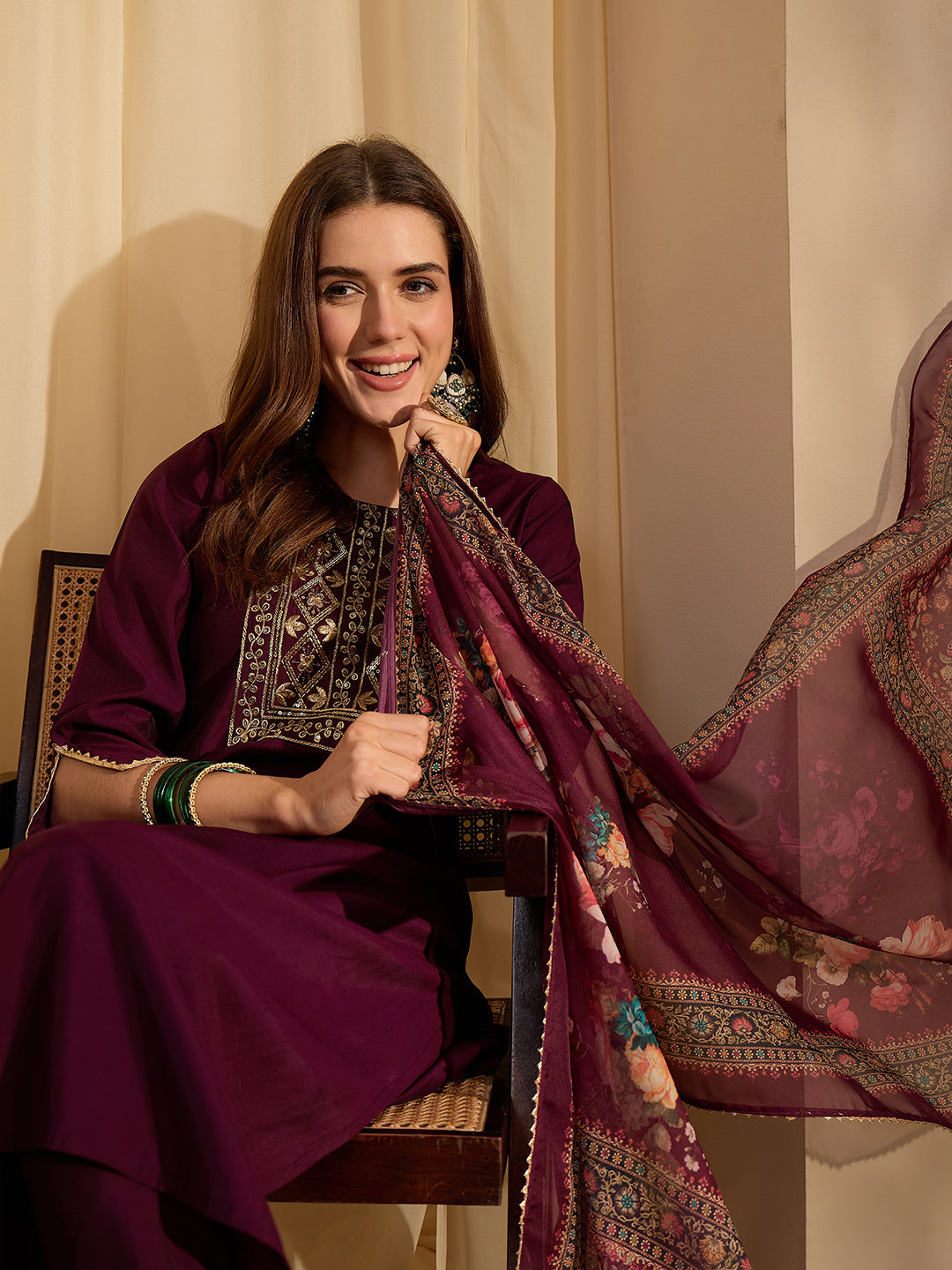 Janasya Women's Wine Chanderi Silk Floral Yoke Embroidered Straight Kurta Set with Printed Dupatta