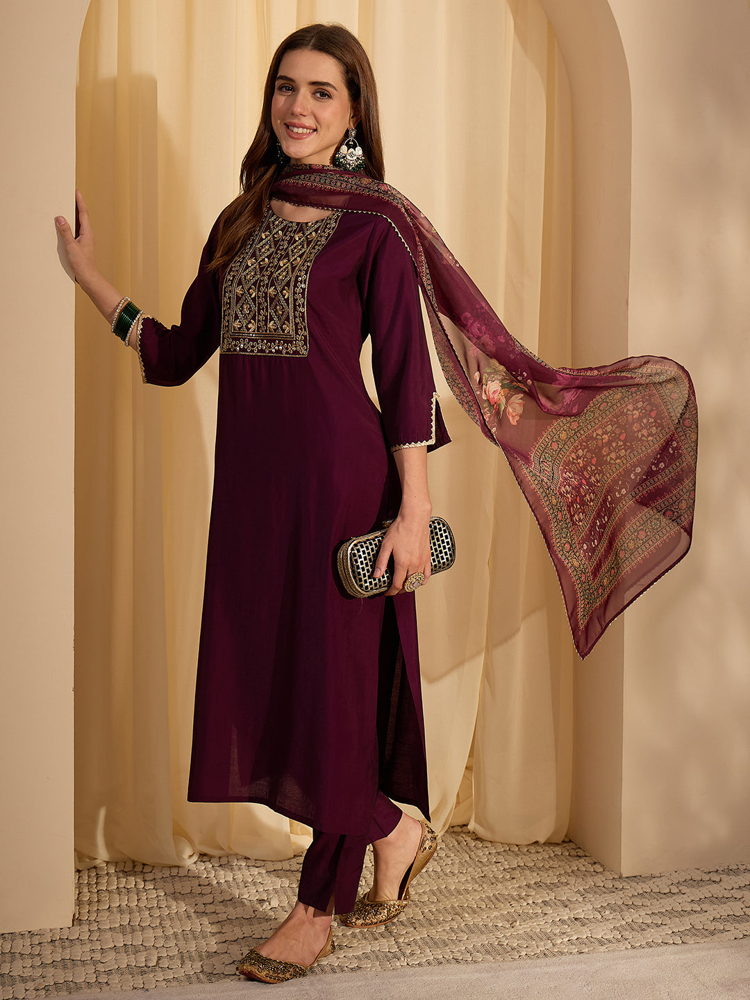 Janasya Women's Wine Chanderi Silk Floral Yoke Embroidered Straight Kurta Set with Printed Dupatta