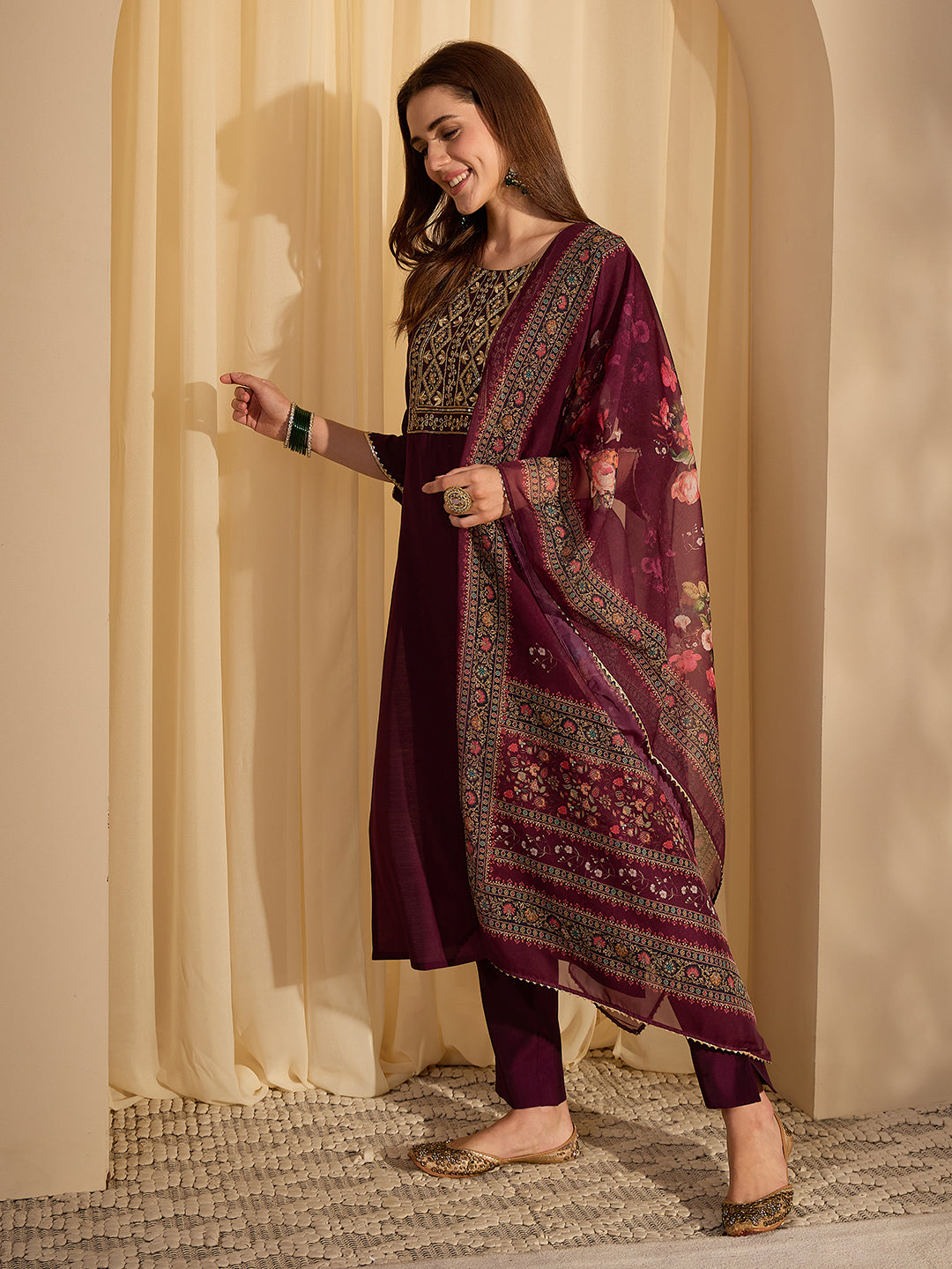 Janasya Women's Wine Chanderi Silk Floral Yoke Embroidered Straight Kurta Set with Printed Dupatta