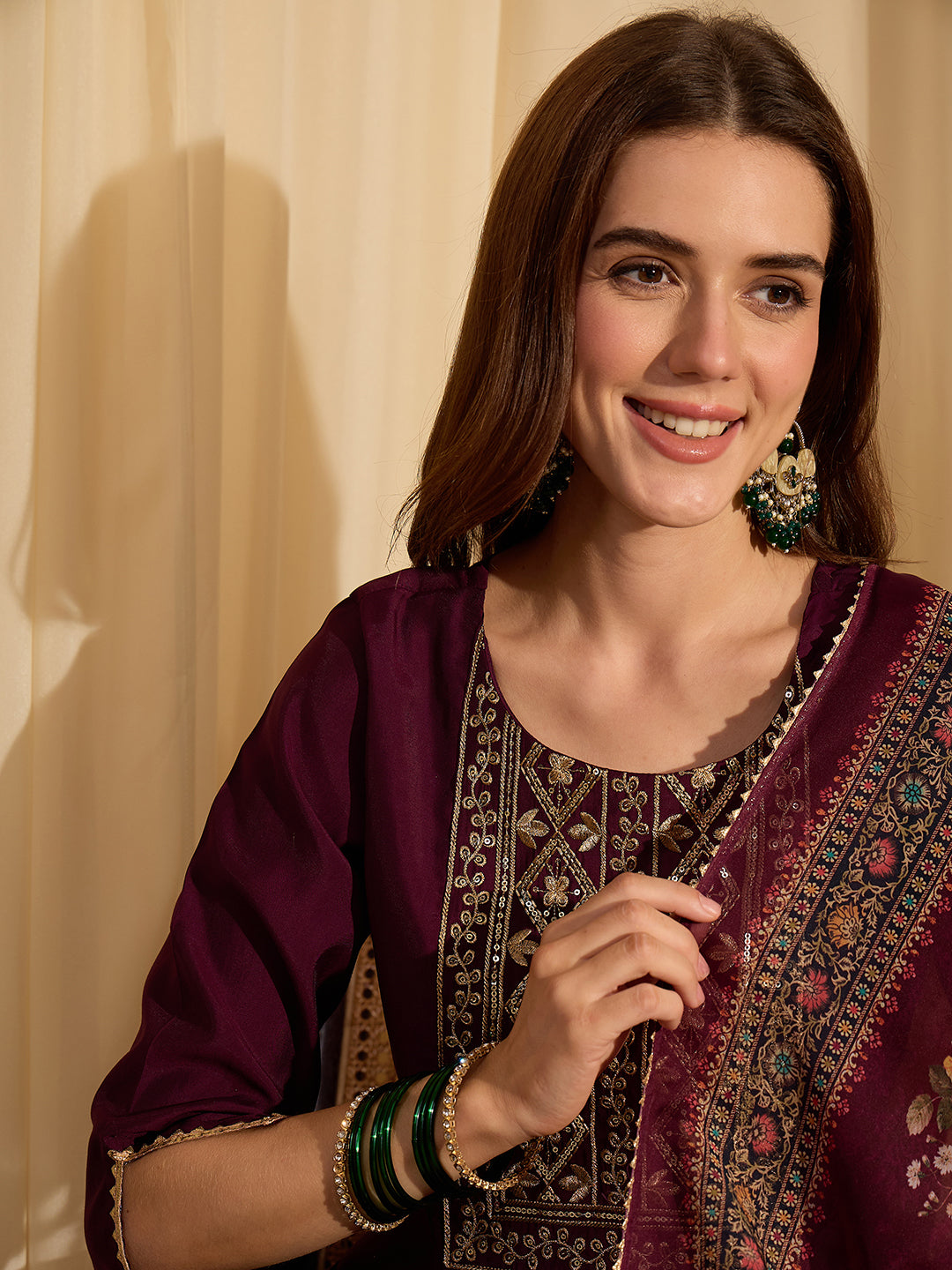 Janasya Women's Wine Chanderi Silk Floral Yoke Embroidered Straight Kurta Set with Printed Dupatta