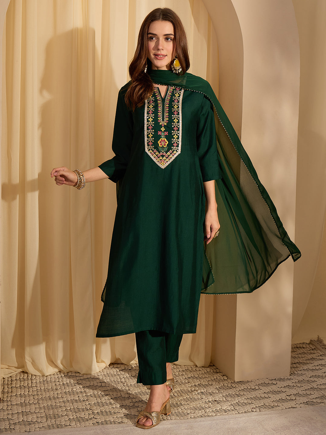 Janasya Women's Bottle Green Silk Blend Yoke Embroidered Straight Kurta Set