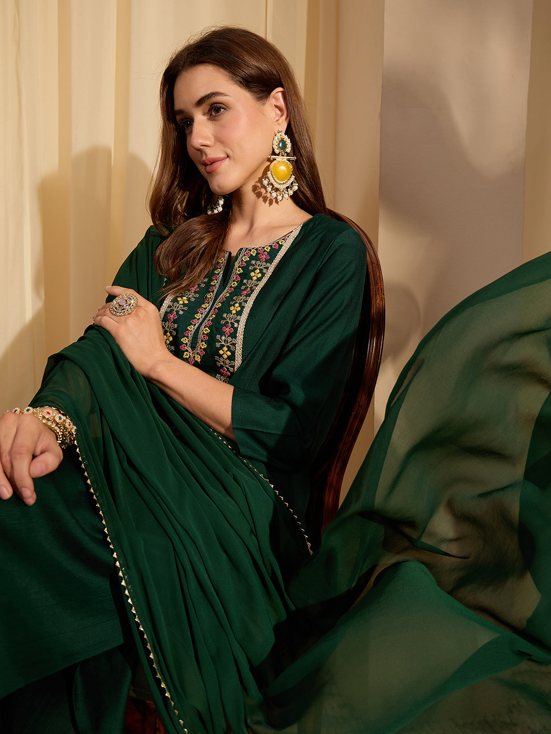 Janasya Women's Bottle Green Silk Blend Yoke Embroidered Straight Kurta Set