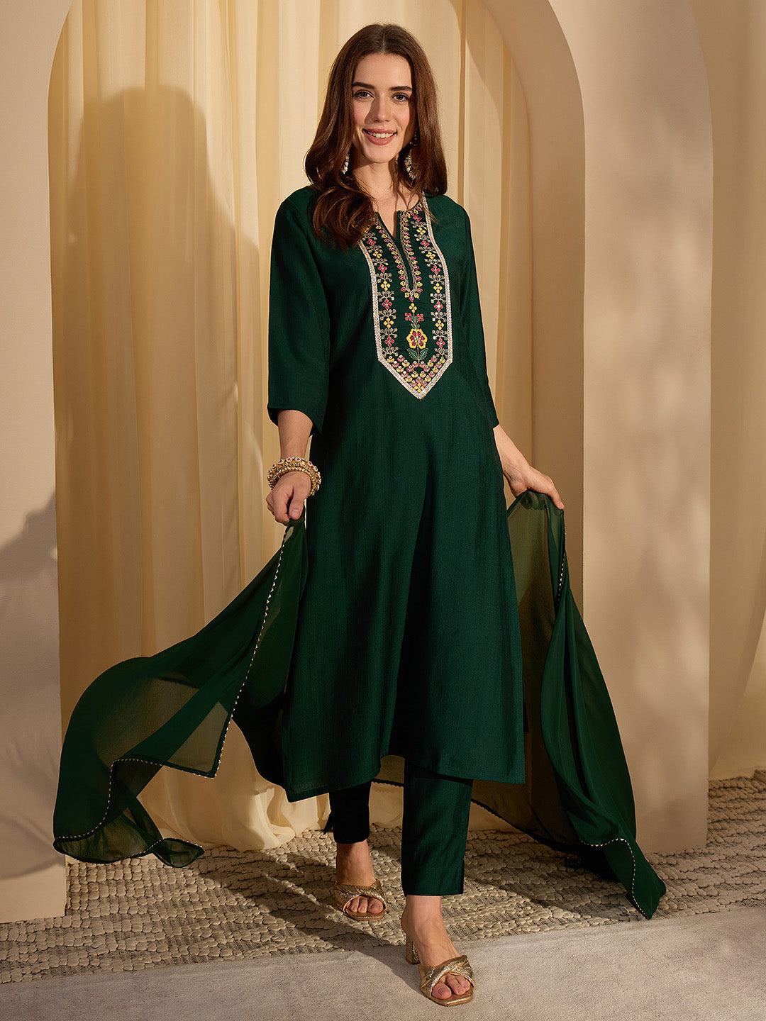 Janasya Women's Bottle Green Silk Blend Yoke Embroidered Straight Kurta Set