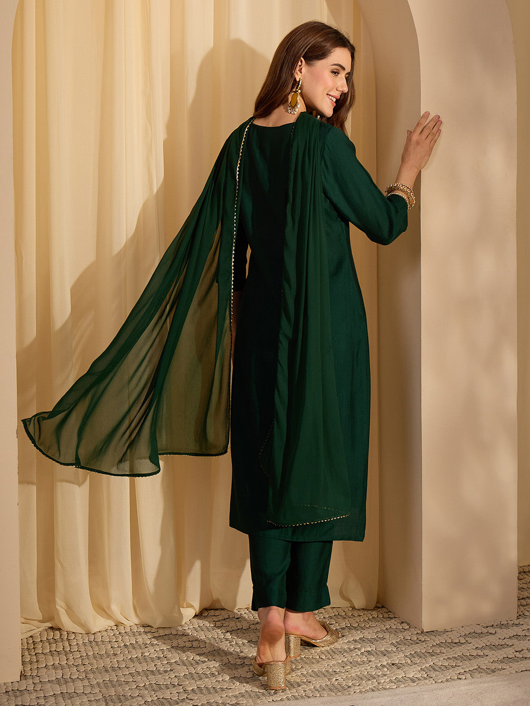Janasya Women's Bottle Green Silk Blend Yoke Embroidered Straight Kurta Set