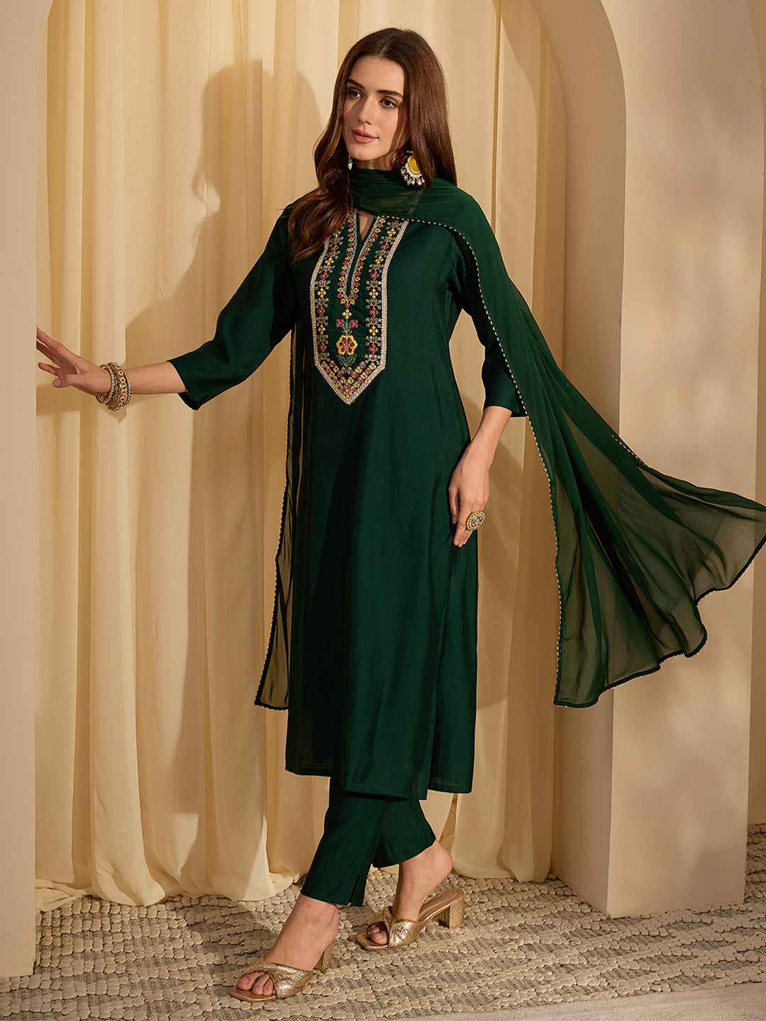 Janasya Women's Bottle Green Silk Blend Yoke Embroidered Straight Kurta Set