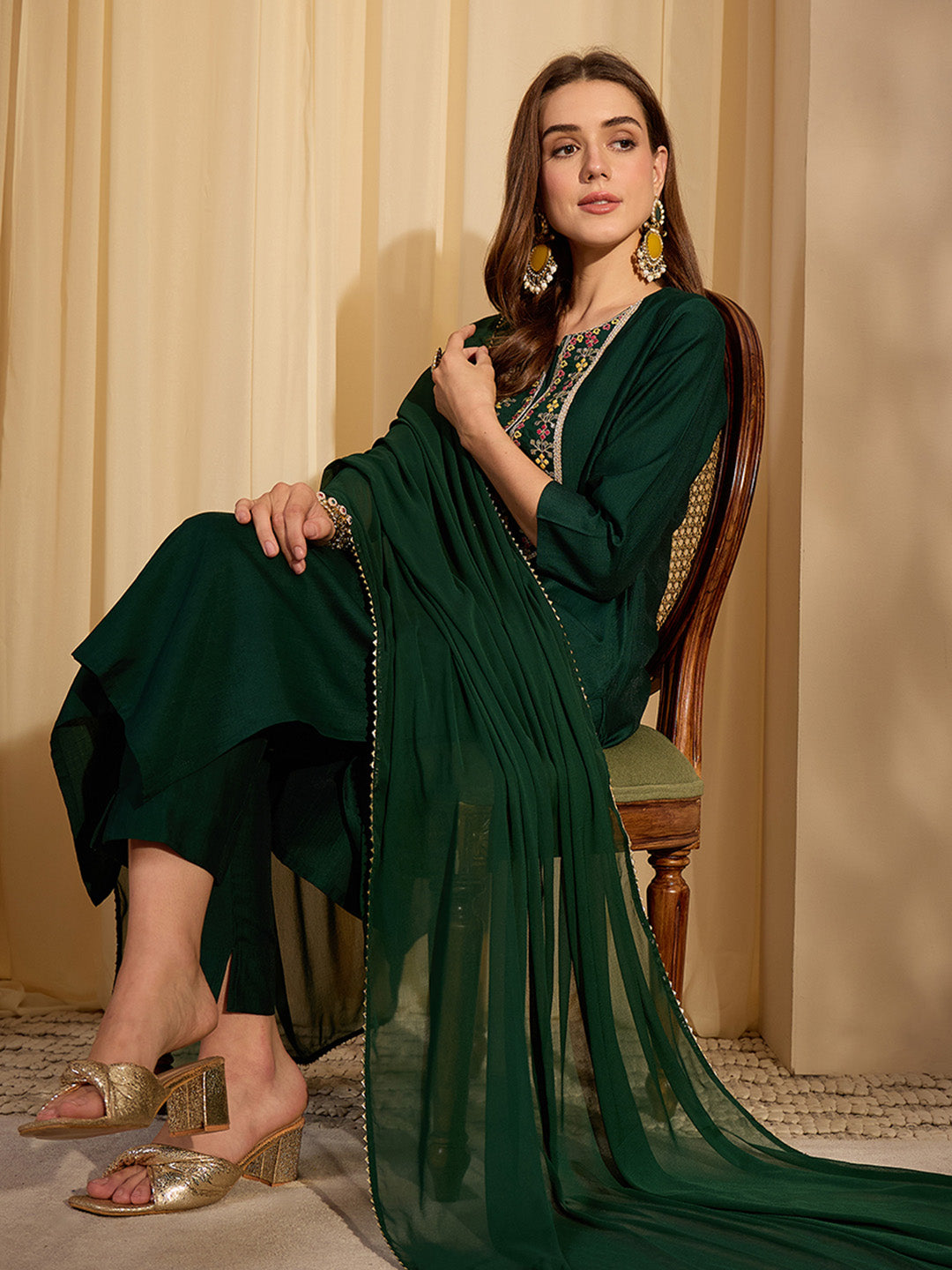 Janasya Women's Bottle Green Silk Blend Yoke Embroidered Straight Kurta Set