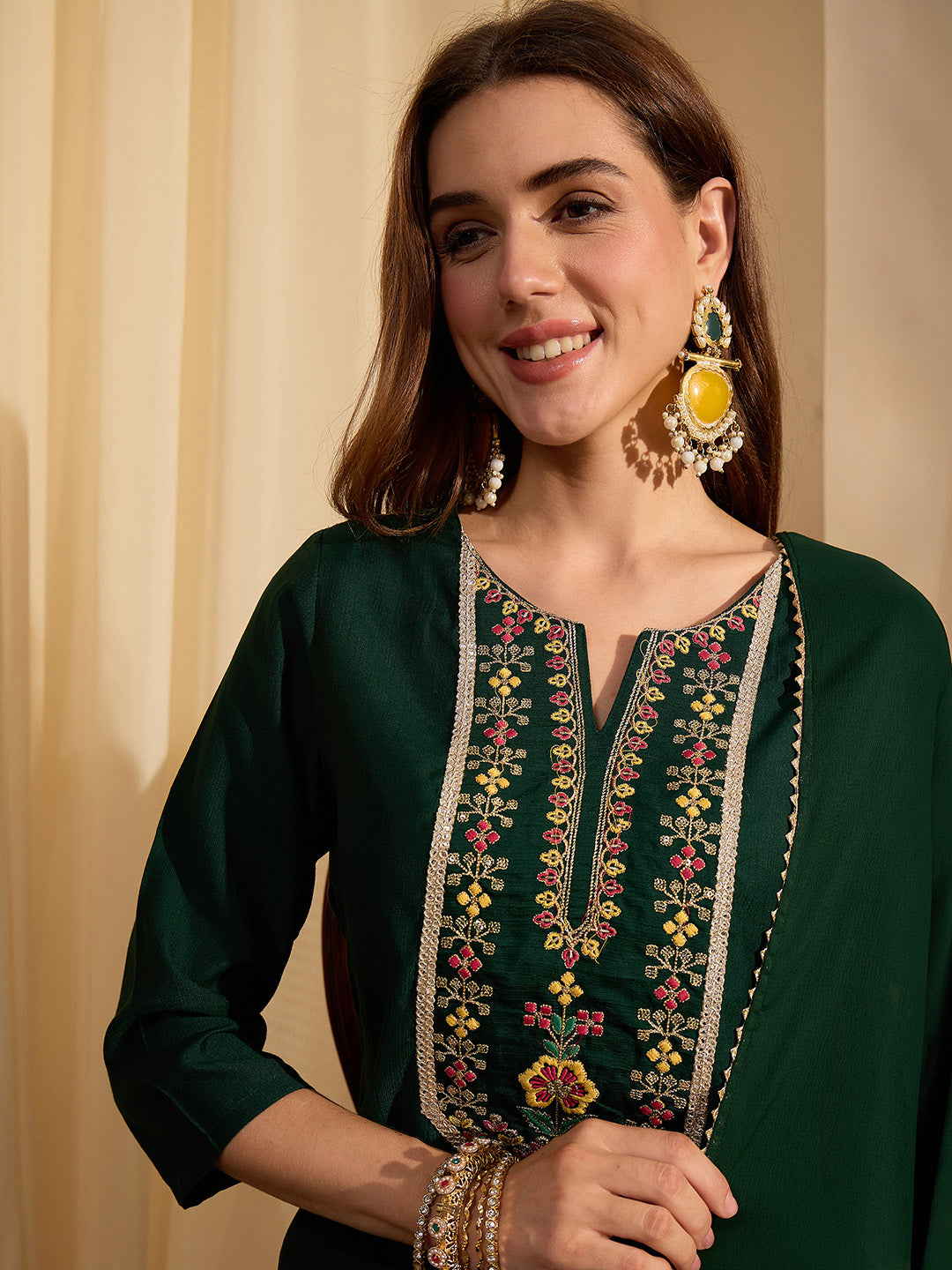 Janasya Women's Bottle Green Silk Blend Yoke Embroidered Straight Kurta Set