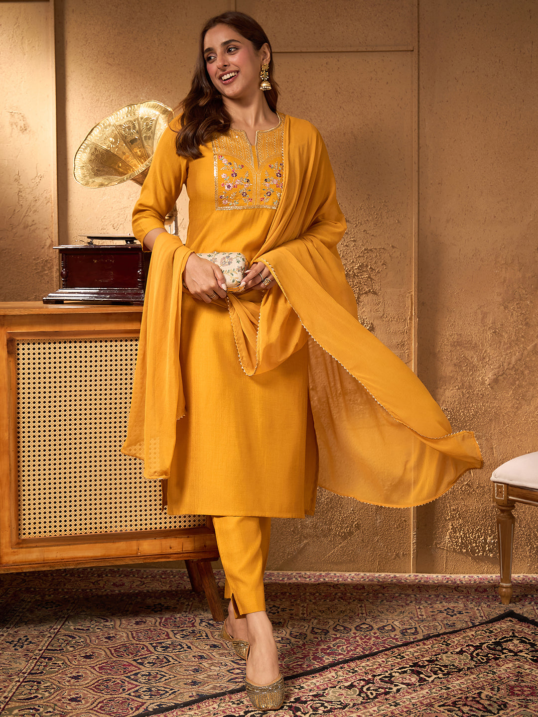 Janasya Women's Mustard Silk Blend Floral Yoke Embroidered Straight Kurta Set