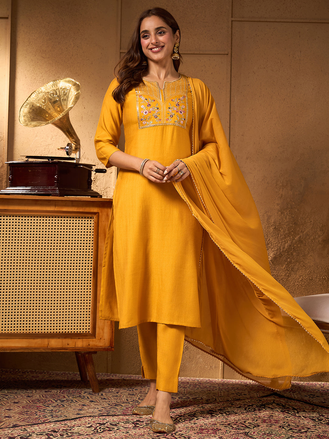 Janasya Women's Mustard Silk Blend Floral Yoke Embroidered Straight Kurta Set