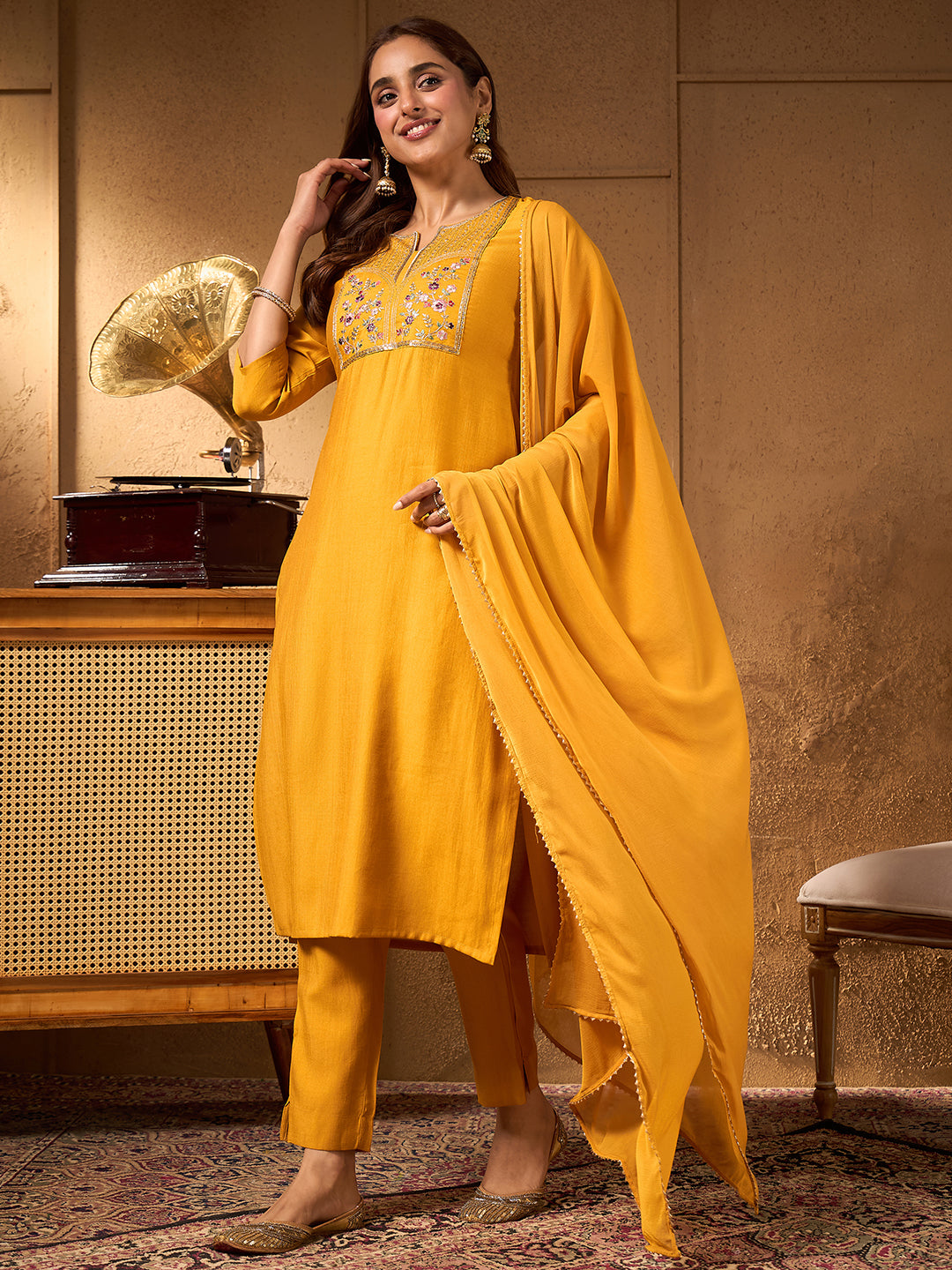 Janasya Women's Mustard Silk Blend Floral Yoke Embroidered Straight Kurta Set