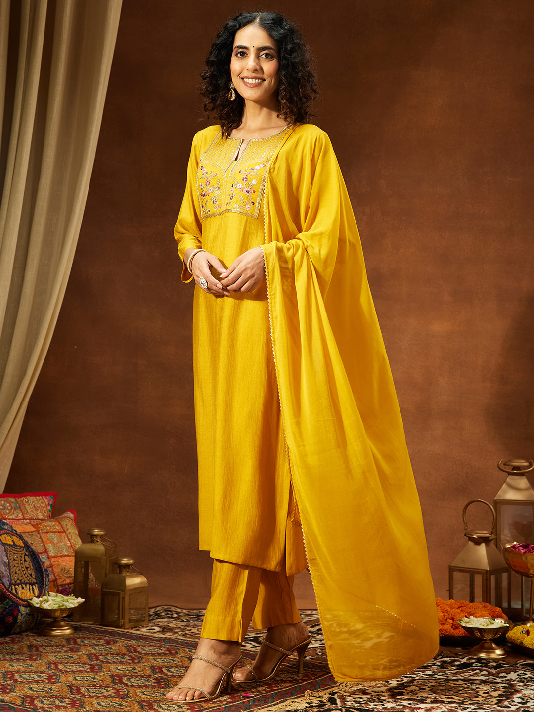 Janasya Women's Mustard Silk Blend Yoke Embroidered Straight Kurta Set
