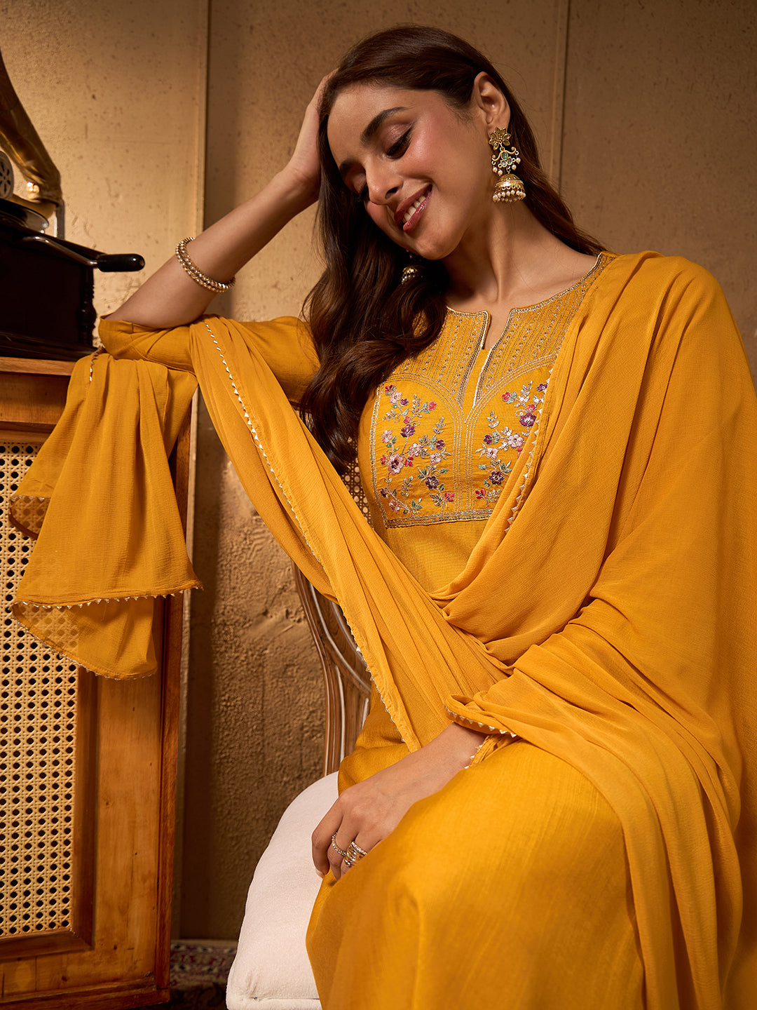 Janasya Women's Mustard Silk Blend Floral Yoke Embroidered Straight Kurta Set
