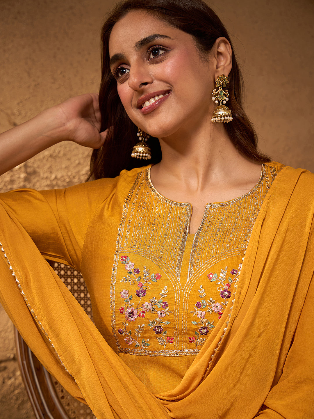 Janasya Women's Mustard Silk Blend Floral Yoke Embroidered Straight Kurta Set