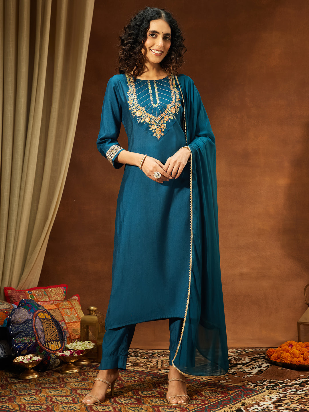 Janasya Women's Teal Blue Silk Blend Yoke Embroidered Straight Kurta Set