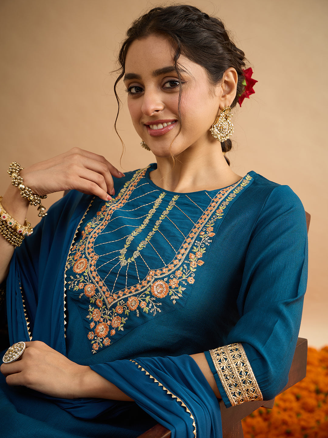 Janasya Women's Teal Blue Silk Blend Floral Yoke Embroidered Straight Kurta Set