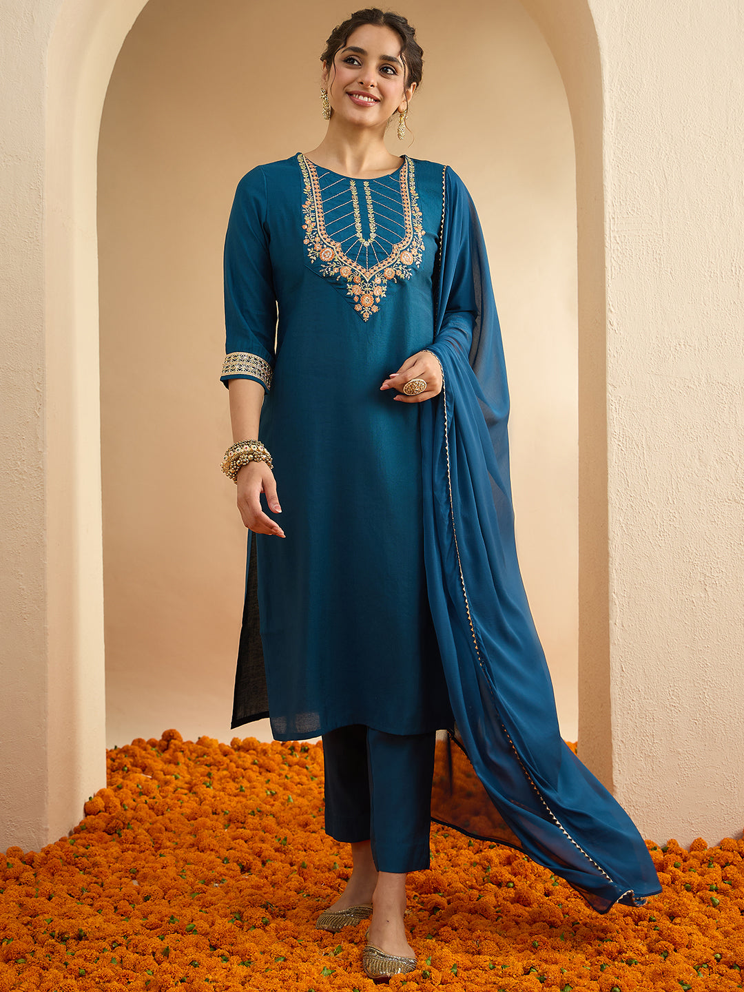 Janasya Women's Teal Blue Silk Blend Floral Yoke Embroidered Straight Kurta Set