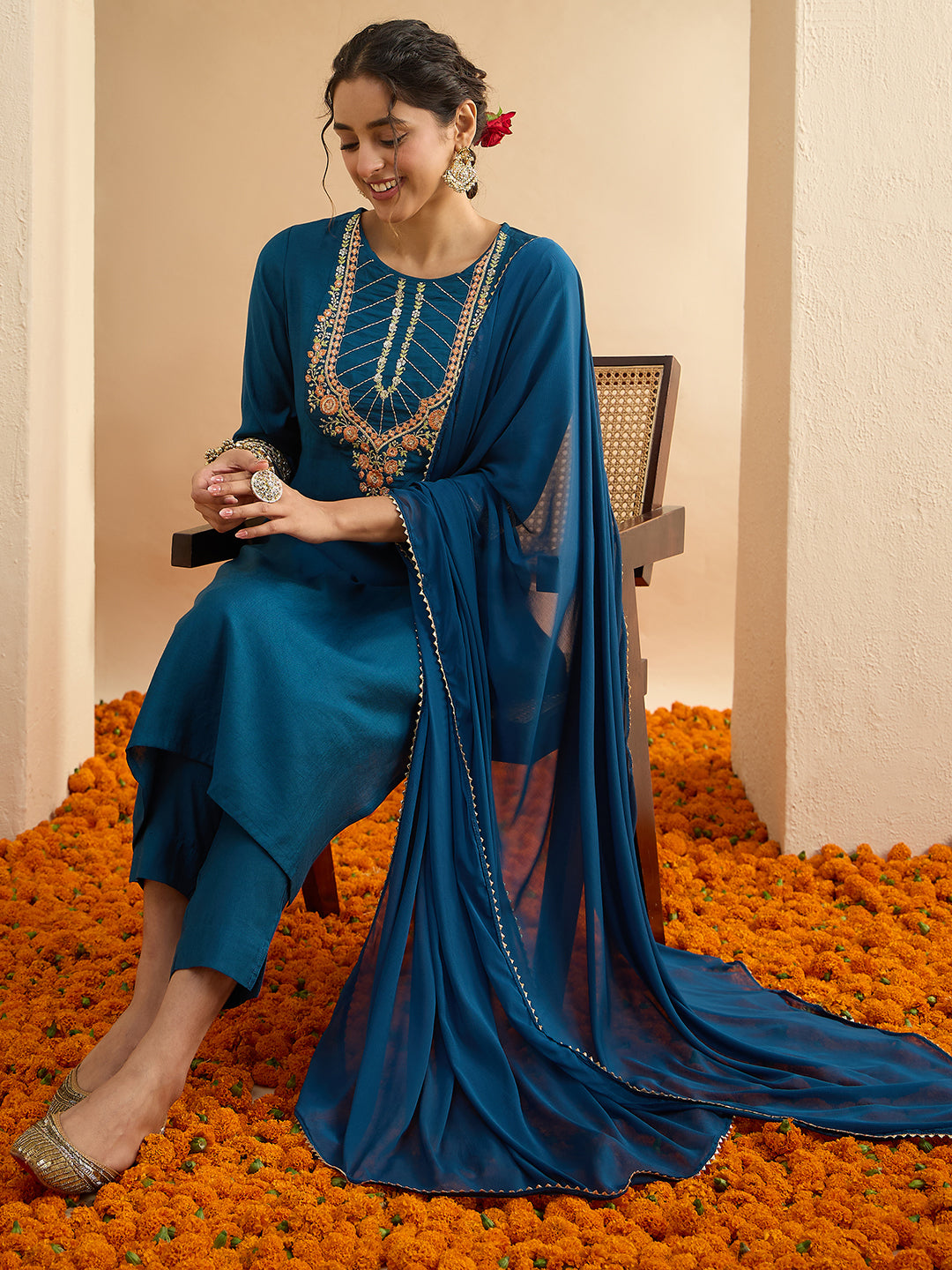 Janasya Women's Teal Blue Silk Blend Floral Yoke Embroidered Straight Kurta Set