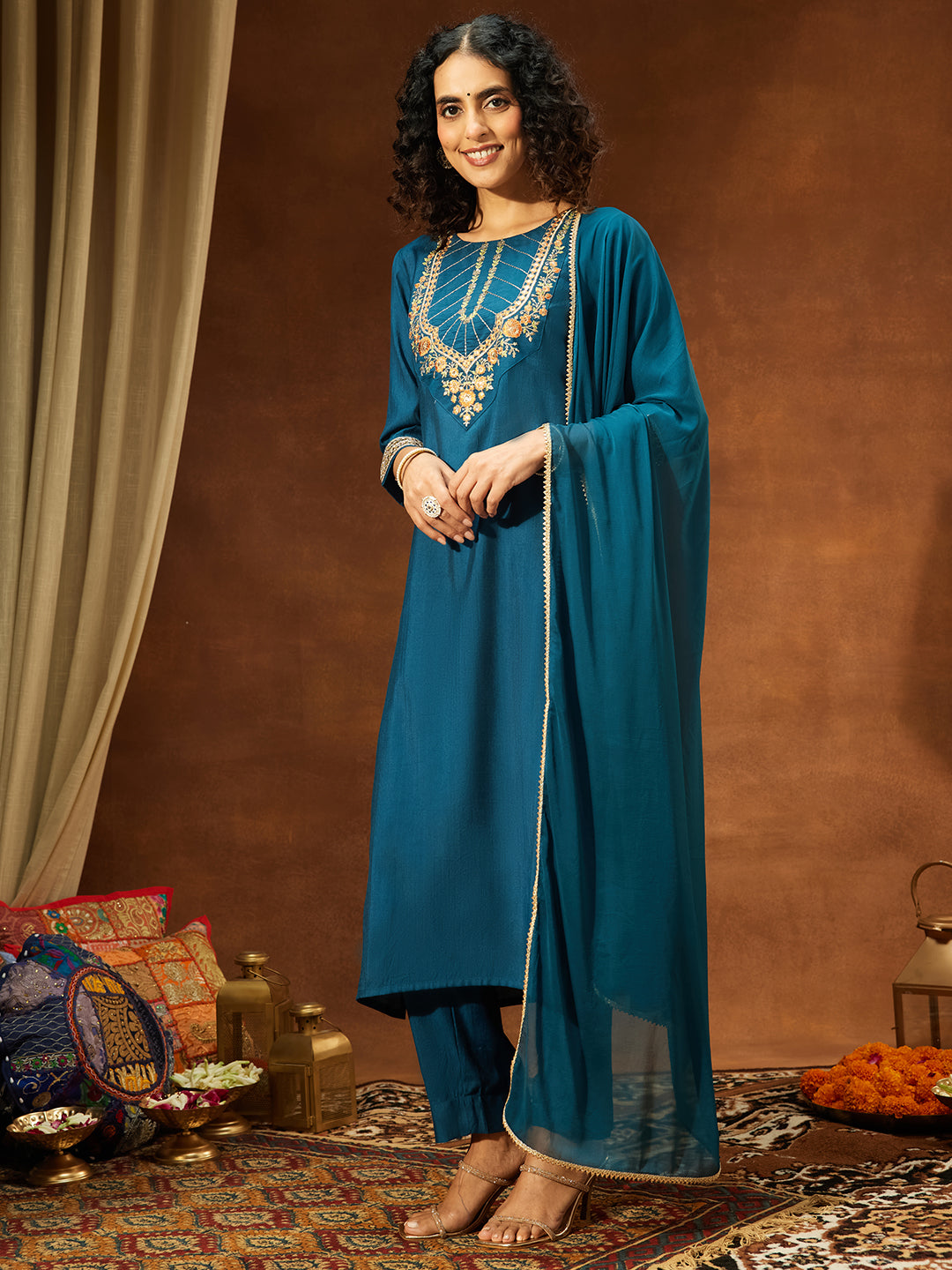 Janasya Women's Teal Blue Silk Blend Yoke Embroidered Straight Kurta Set