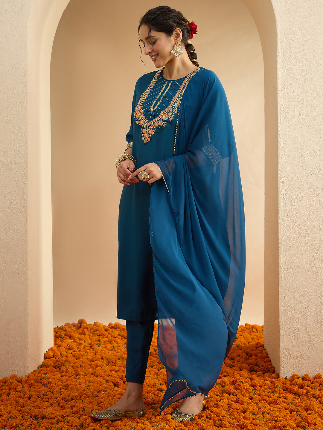 Janasya Women's Teal Blue Silk Blend Floral Yoke Embroidered Straight Kurta Set