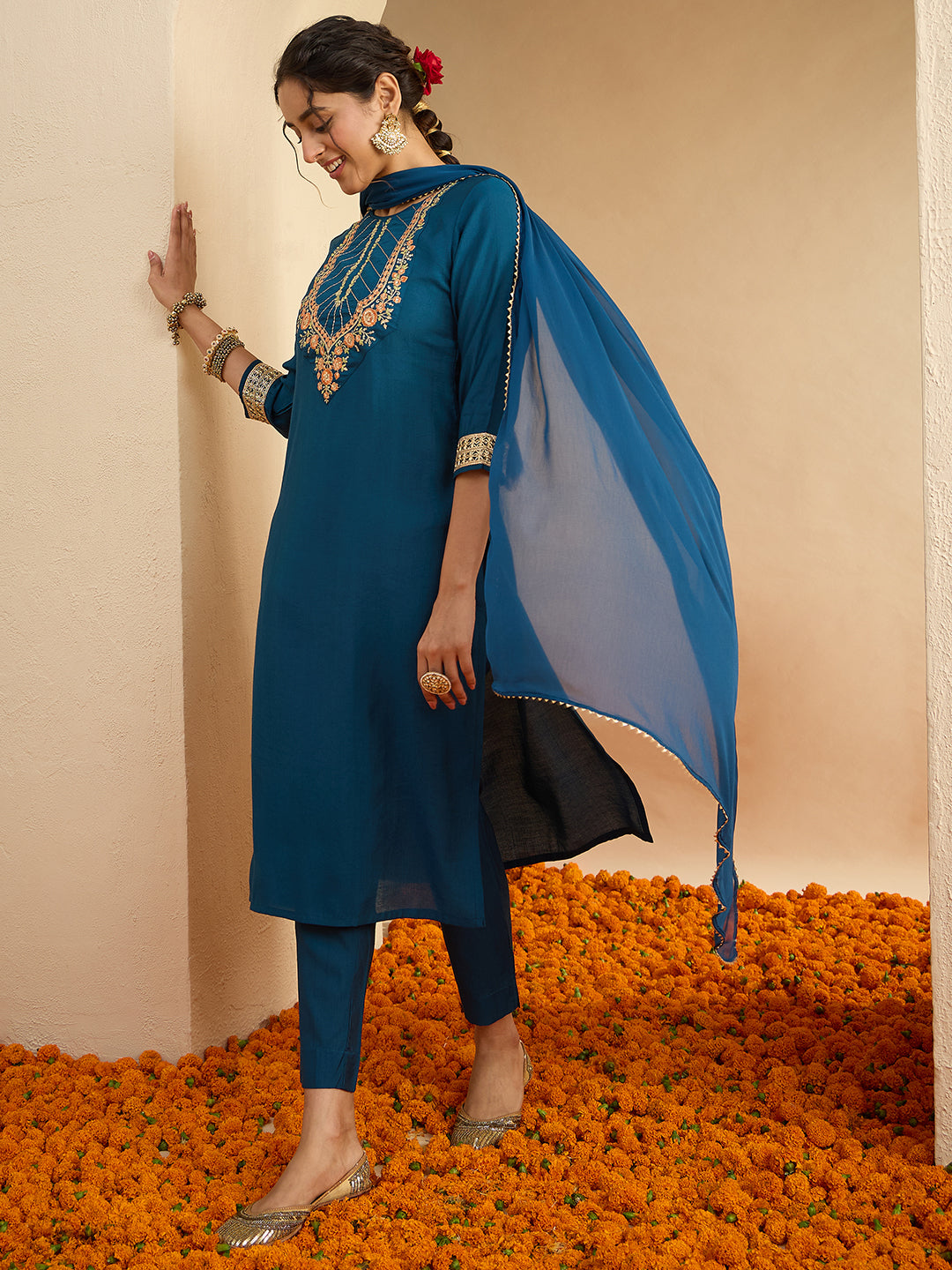 Janasya Women's Teal Blue Silk Blend Floral Yoke Embroidered Straight Kurta Set