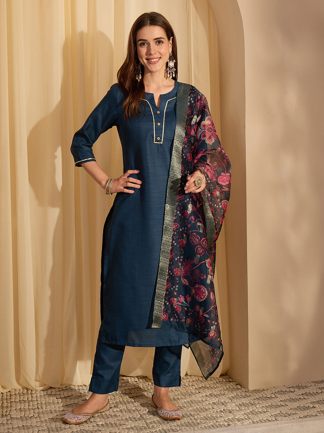 Janasya Women's Teal Blue Cotton Blend Yoke Design Straight Kurta Set with Printed Jacquard Dupatta