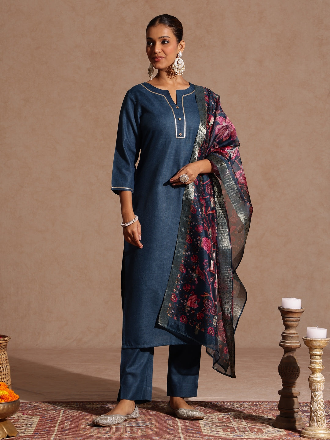 Janasya Women's Teal Blue Cotton Blend Yoke Design Straight Kurta Set With Printed Dupatta