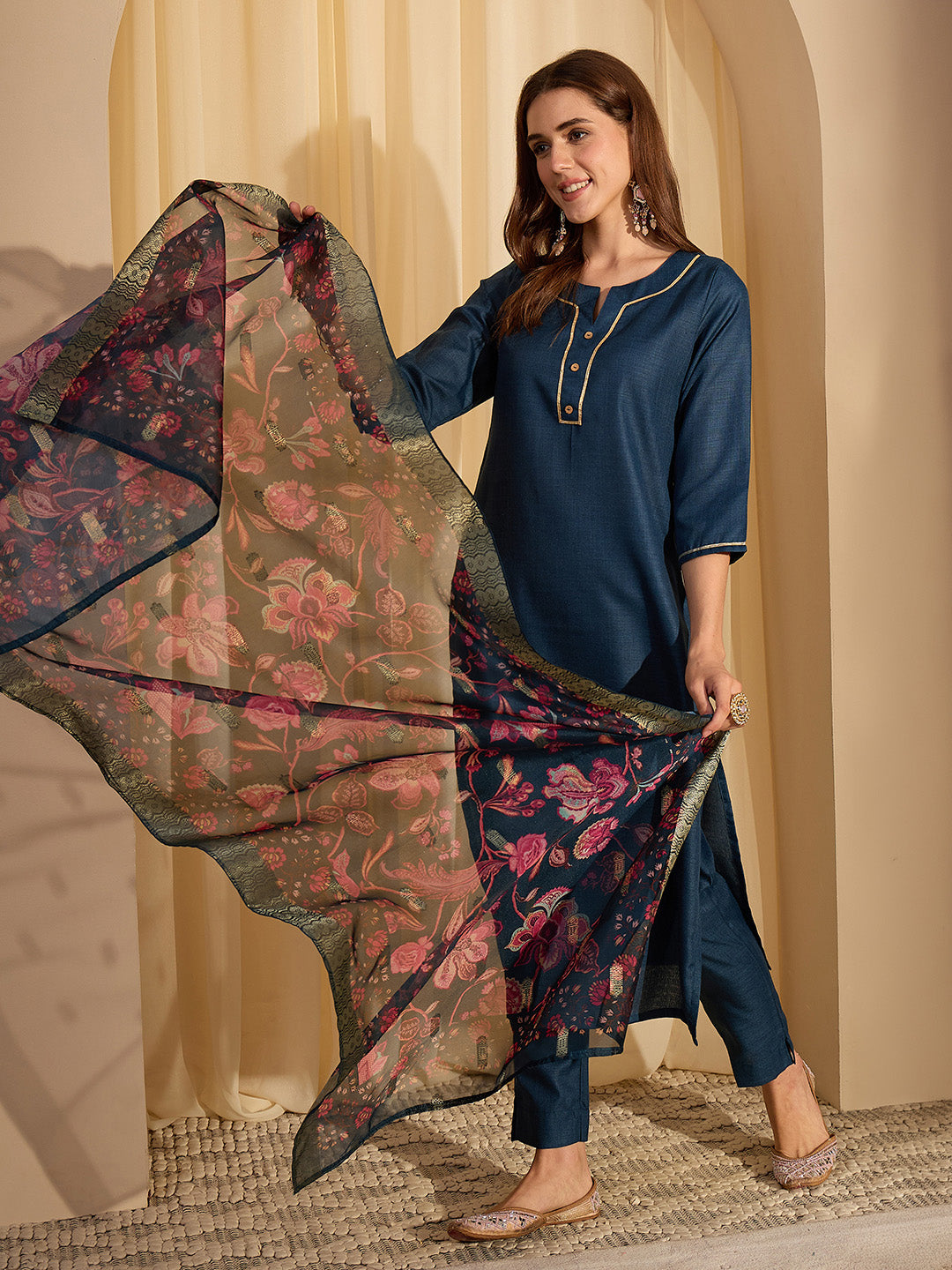 Janasya Women's Teal Blue Cotton Blend Yoke Design Straight Kurta Set with Printed Jacquard Dupatta