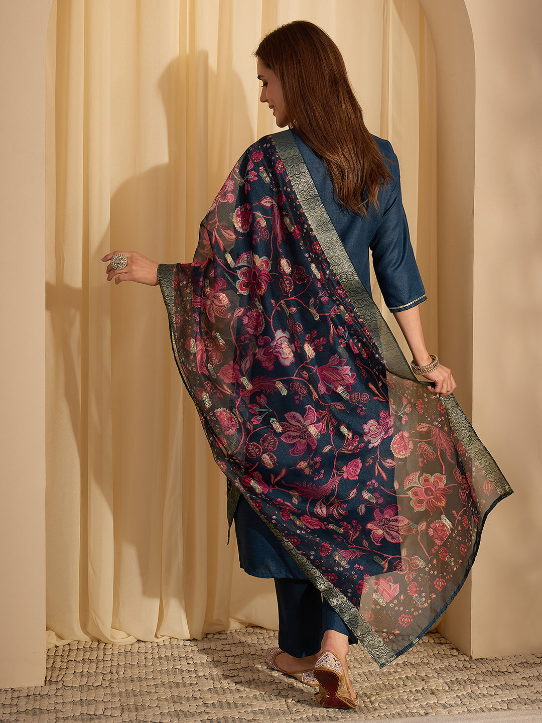 Janasya Women's Teal Blue Cotton Blend Yoke Design Straight Kurta Set with Printed Jacquard Dupatta