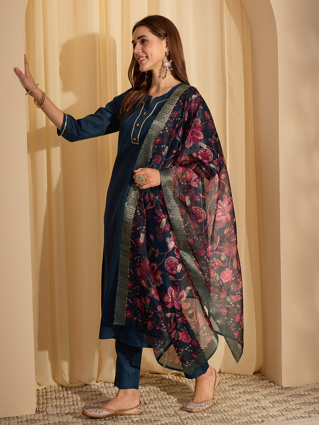 Janasya Women's Teal Blue Cotton Blend Yoke Design Straight Kurta Set with Printed Jacquard Dupatta